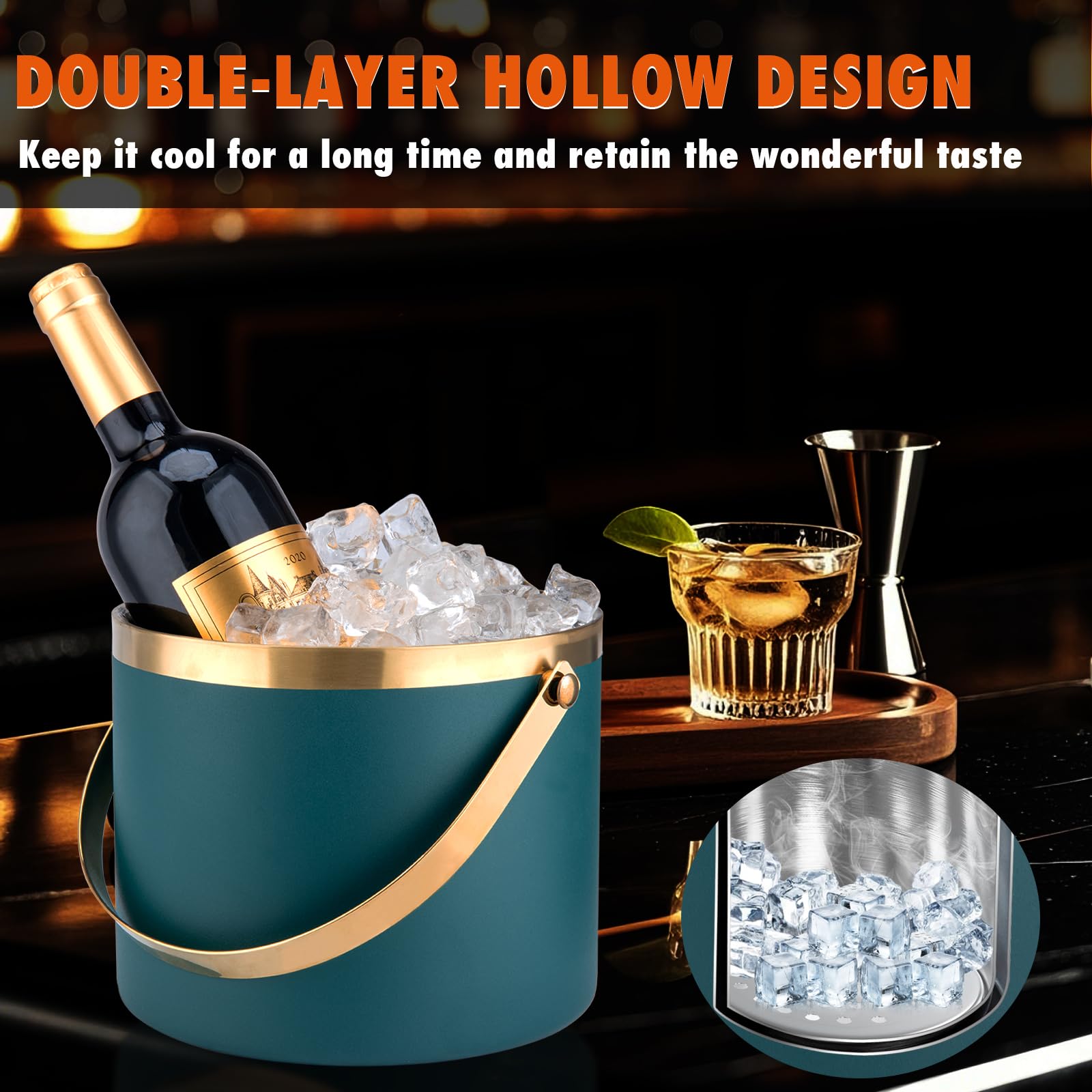 Cubitera de hielo de acero inoxidable de 3 litros, cubos de hielo para fiestas con tapa, cubo de hielo para bar de cócteles