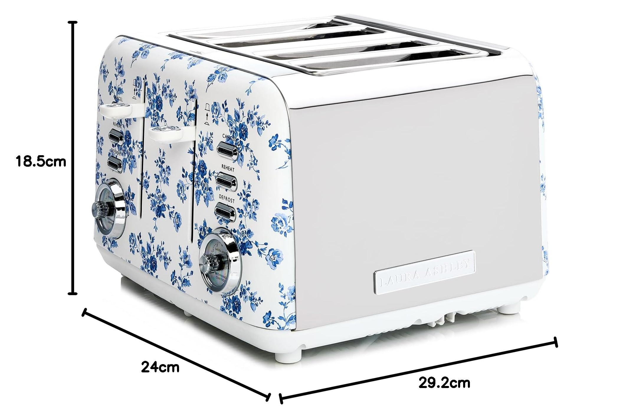 VQ Laura Ashley Grille-Pains 4 Tranches avec Modes de Chauffage, Décongélation et Réchauffage Réglables - Inox Grille Pain Vintage avec un Support de Réchauffage Pour Croissants - China Rose | Avec modes de chauffage, de décongélation et de réchauffement