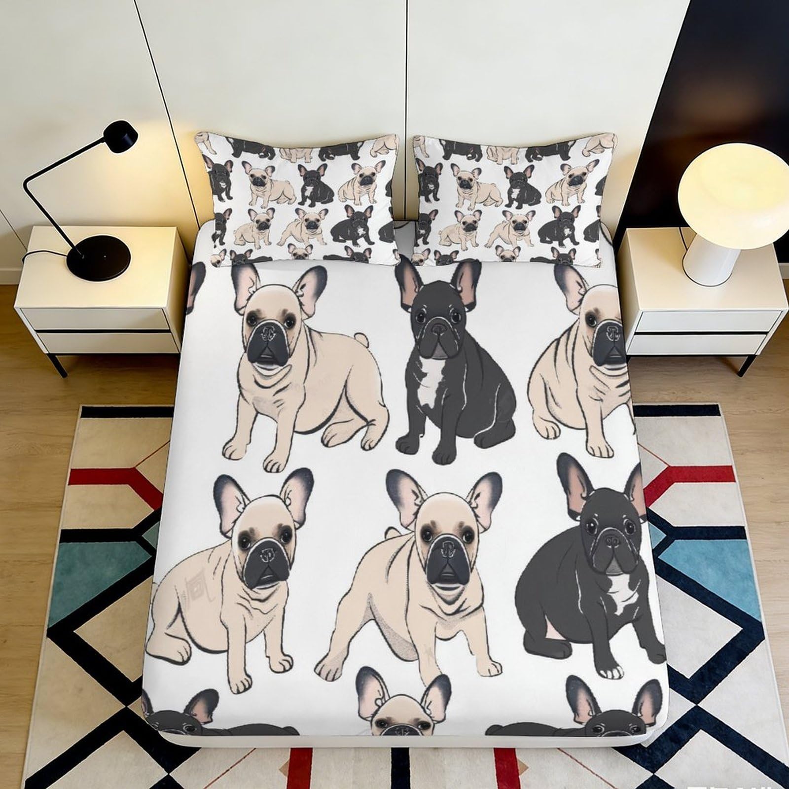 3D Printed French Bulldog Pattern Fitted Sheet Microfiber Soft Breathable Puppy Bed Cover for Bedroom Dormitory Guest Room Mattress Protection 180x200x25cm