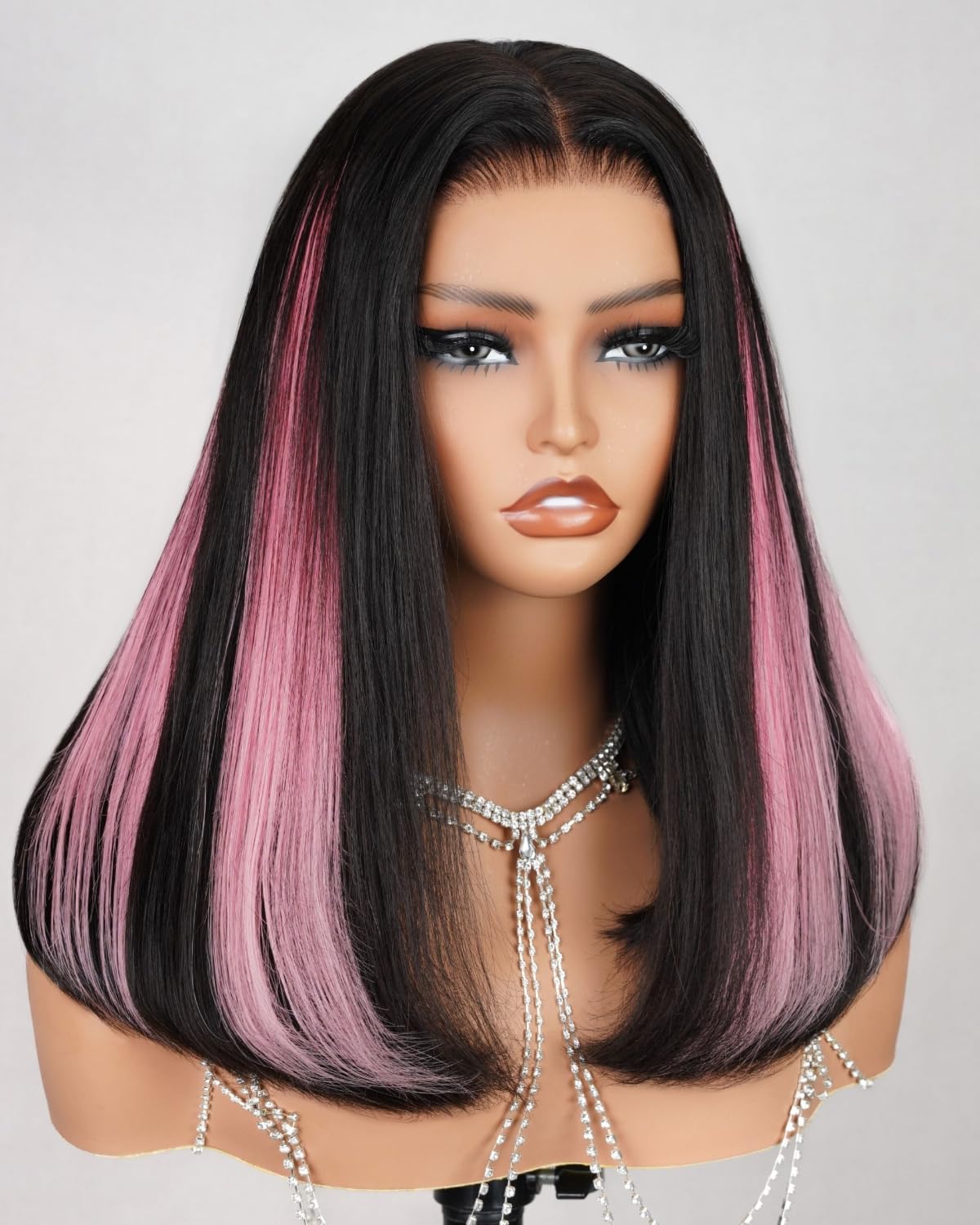MEGALOOK Salon-Quality 6x5 Human Hair Wig With 4 Pcs 1B/Pink Clip in Hair Extension Wear and Go Glueless Wig Real Pre Cut Lace Pre Bleached Tiny Knots Straight Human Hair Wigs for Women 16 Inch