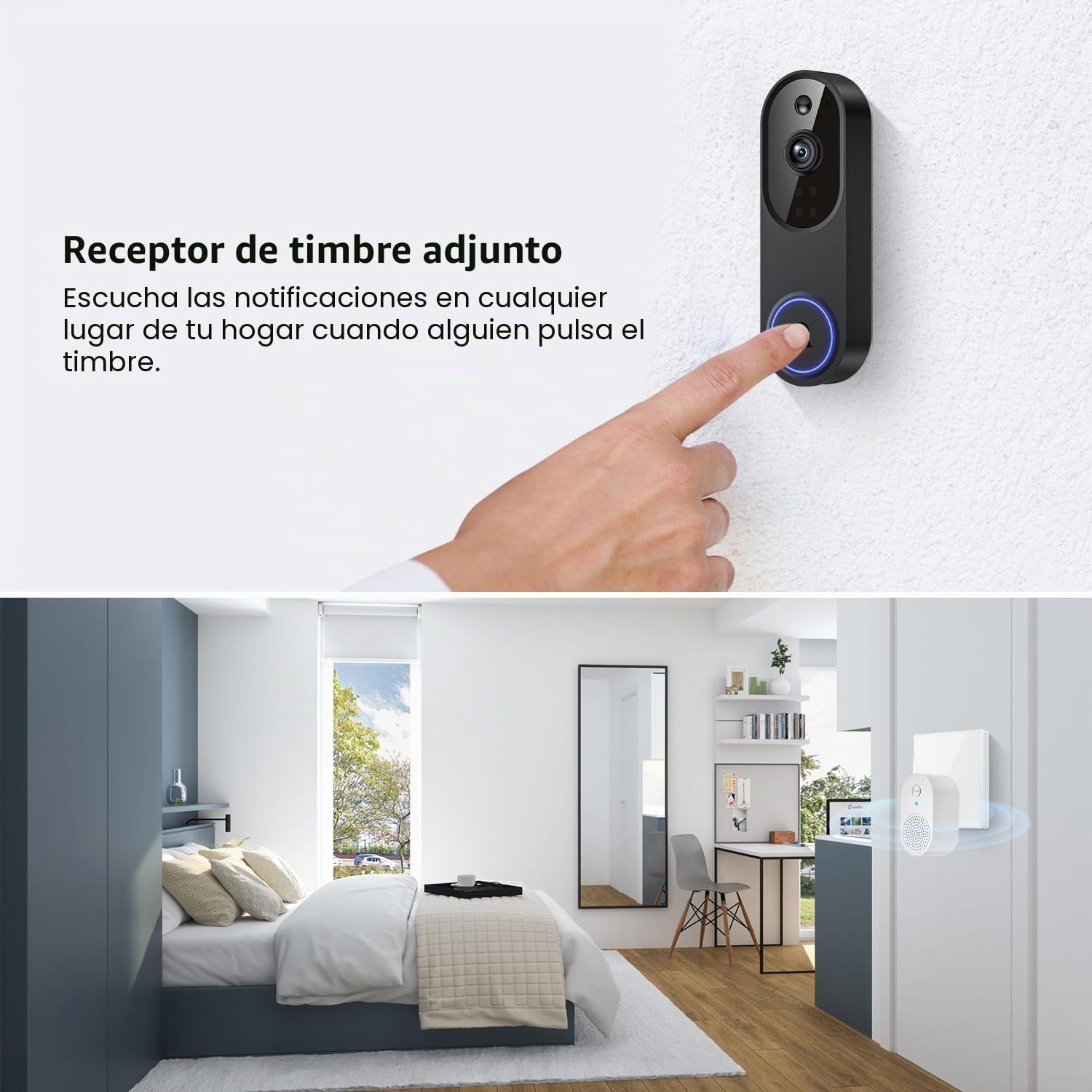 Cámara inalámbrica con timbre de video WiFi con receptor de timbre, detección humana de IA, conversación bidireccional, Wi-Fi de 2.4G, funciona con pilas, almacenamiento en la nube