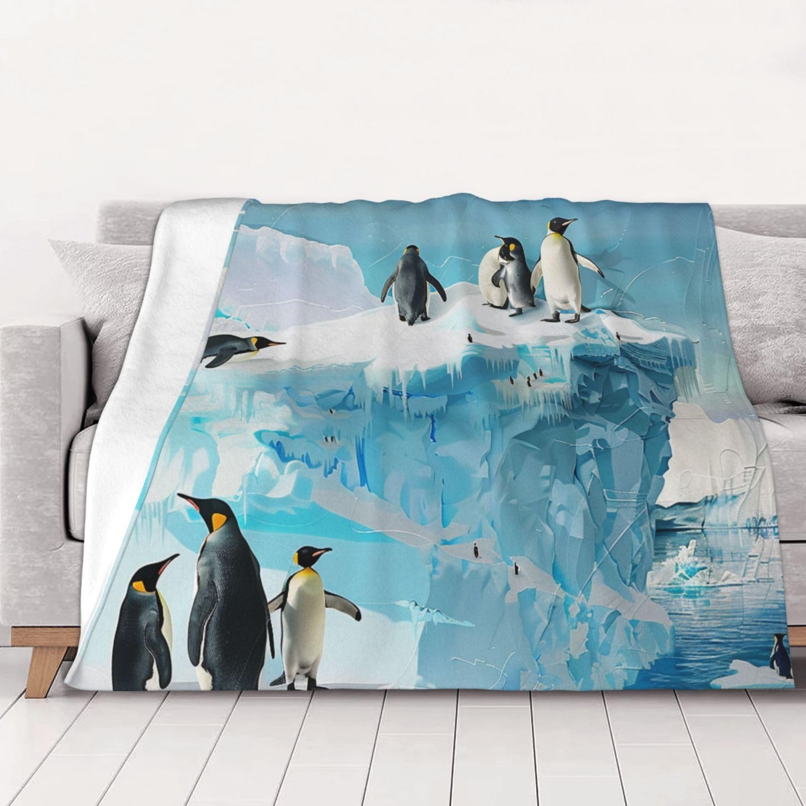 AUBKFELD Penguin on the Iceberg Printed Flannel Blanket 150x125 CM, Soft & Warm Throw Blanket for Sofa/Couch/Bed/Car, Gifts for Audlts Women Men