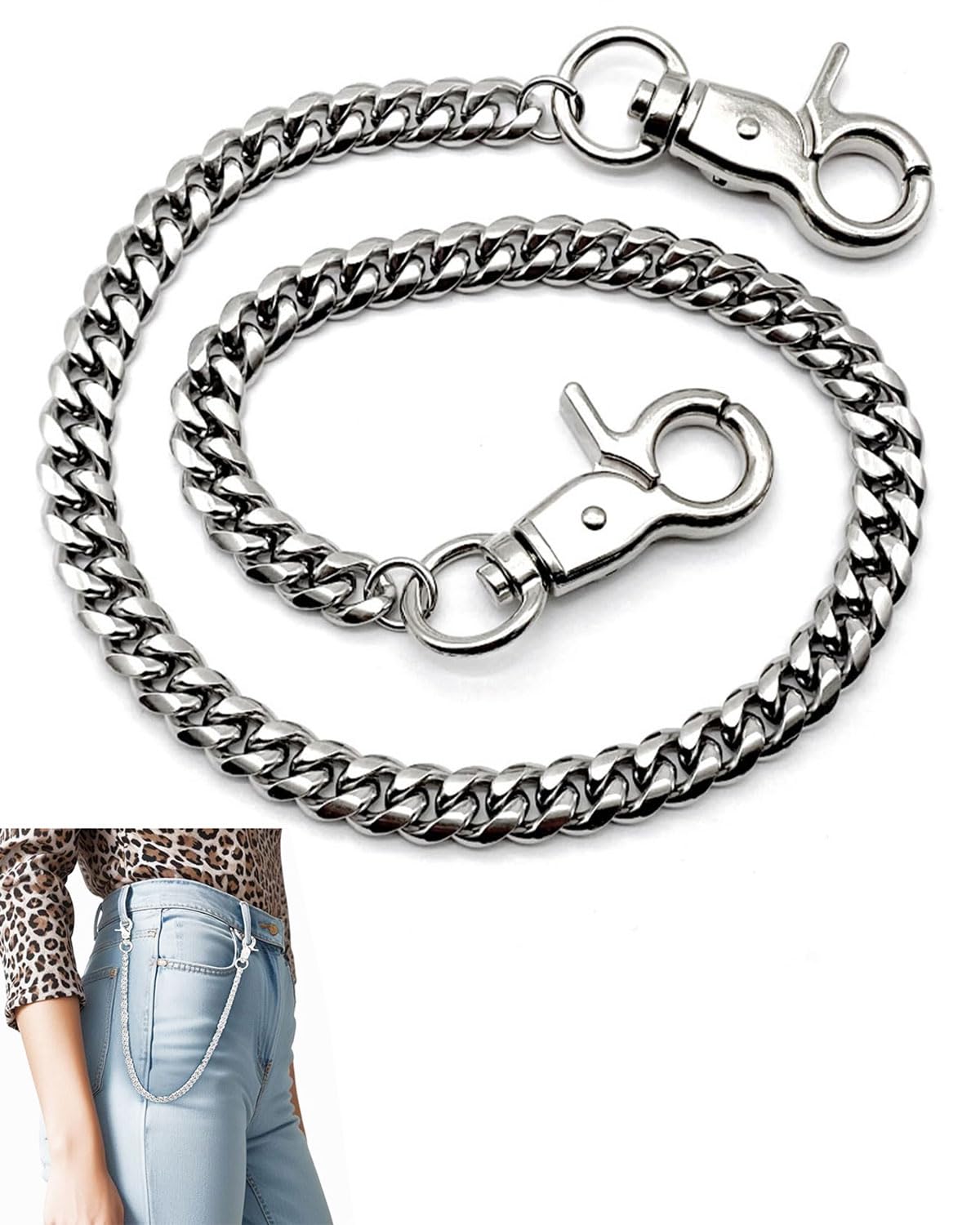 1 pezzo Punk Collana per pantaloni Hip Hop Catena in metallo resistente Portafoglio gotico Jeans Portafogli Fai da te Argento 50cm