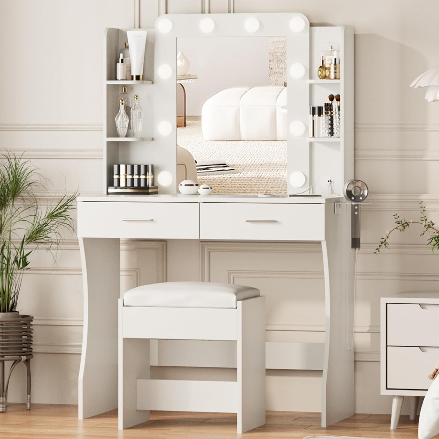 Vabches Makeup Vanity Desk with Mirror and Lights,White Vanity Table Set with Cushioned Stool and Power Outlet,3 Lighting Modes & Adjustable Brightness,Bedroom Dressing Table with Storage Drawers
