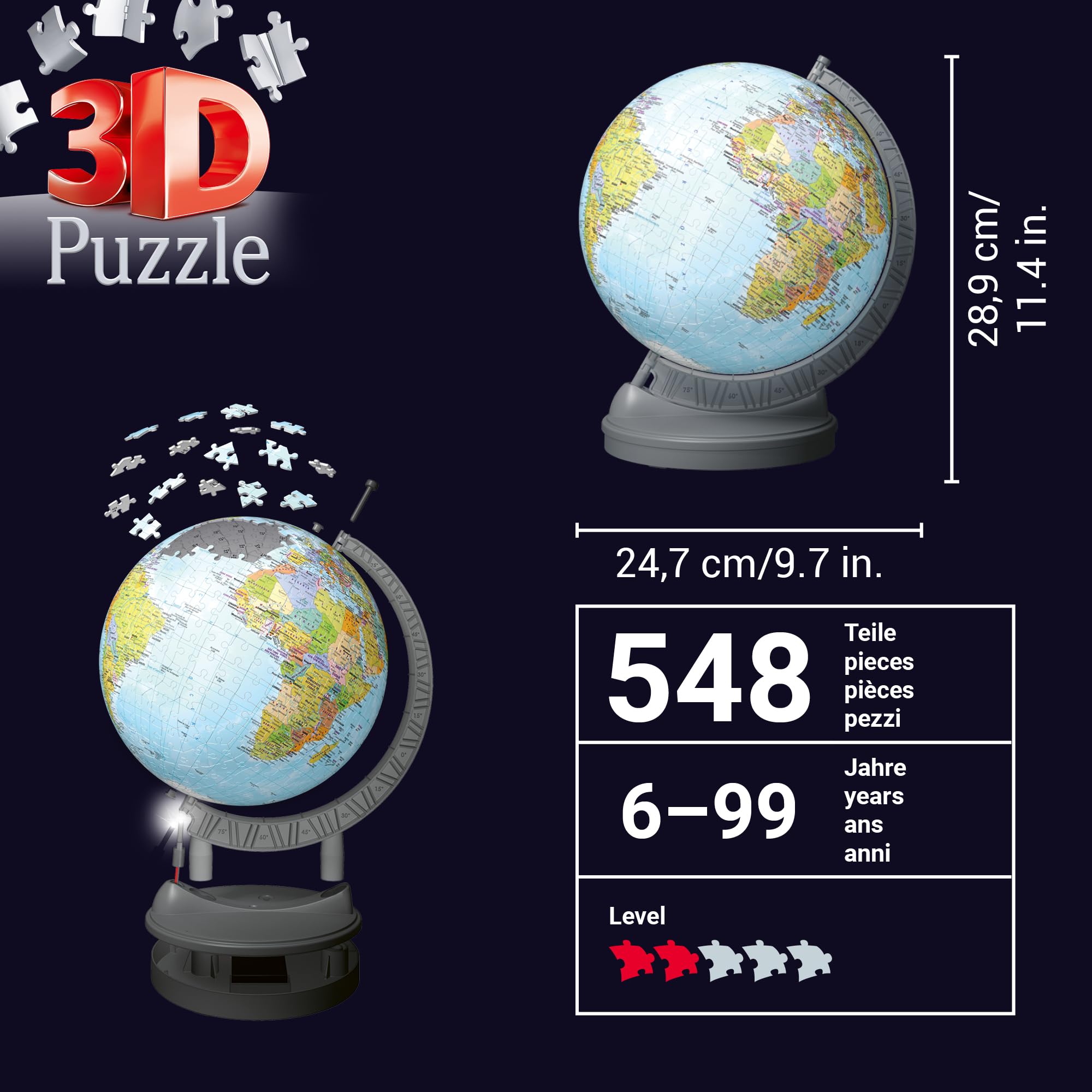 Ravensburger 3D Puzzle 11549 - Globus mit Licht - 540 dreidimensionale Puzzleteile - Beleuchteter politischer Globus für Erwachsene und Kinder ab 10 Jahren