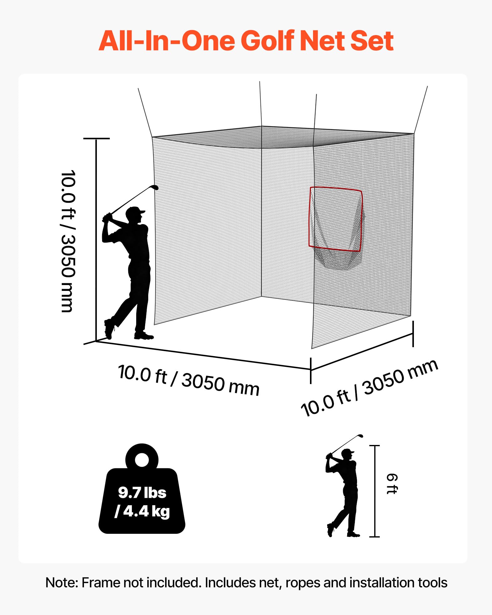 VEVOR Baseball Schlagkäfig Netz 10.6/21.7 M, Baseballnetz zum Schlagen, Schwarz, Nur Netz