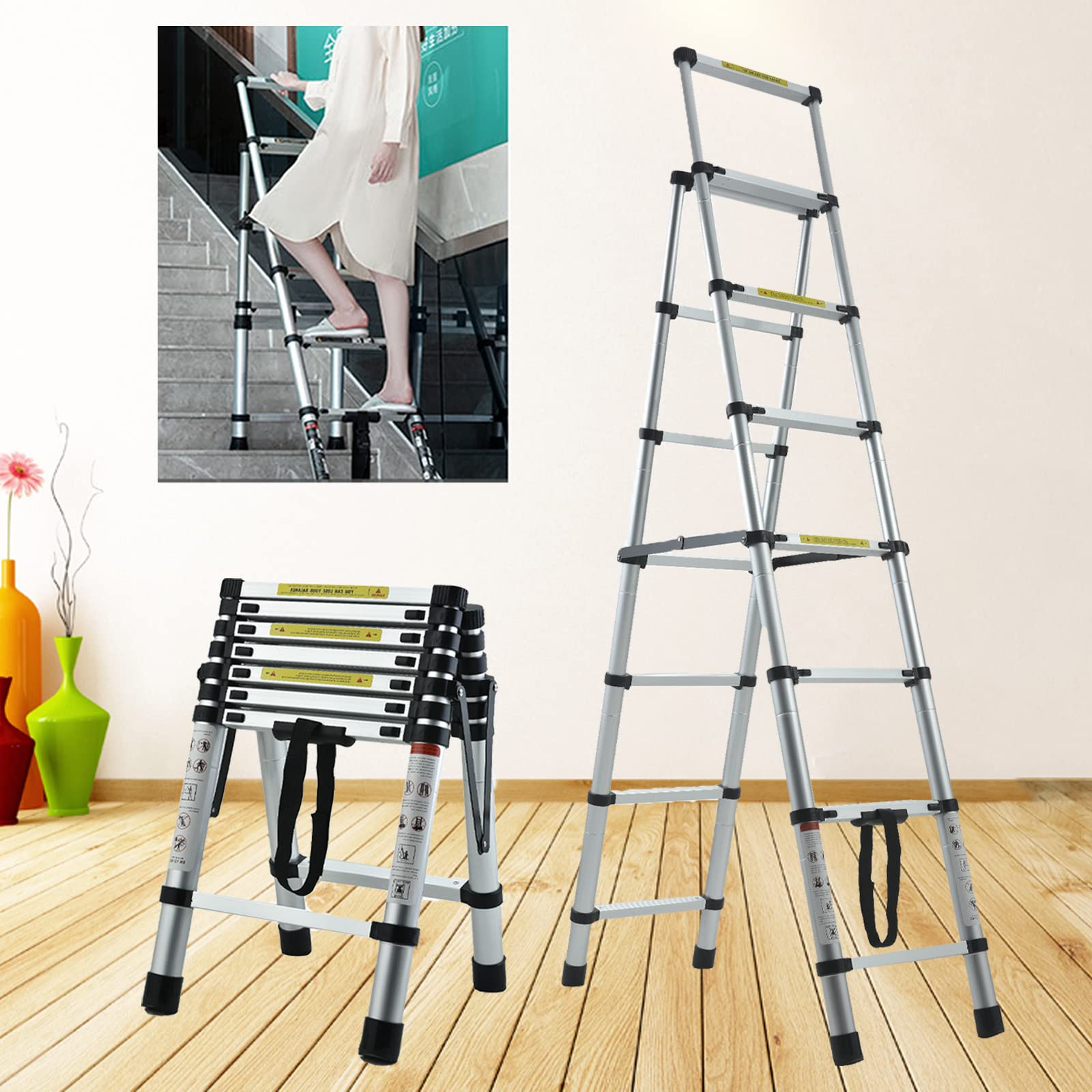 Heavy Duty Telescoping Ladder 6.5FT Aluminum Telescoping Ladder Collapsible Ladder with Handrails and Safety Lock Extension Multi-Purpose Step Ladder Safety and Durable Lightweight for Household Daily
