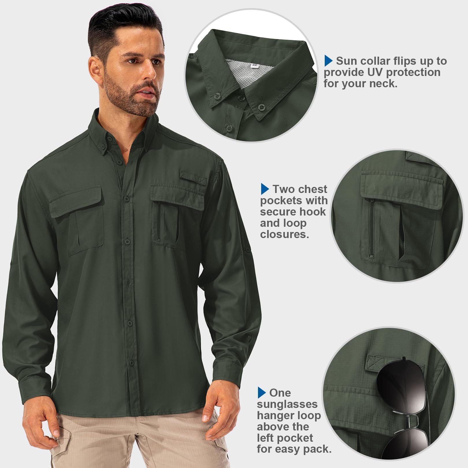 Camisa para hombre Safari UPF50+ protección UV, camisa de senderismo de manga larga, camisa funcional para exteriores, transpirable, de secado rápido, informal, con botones