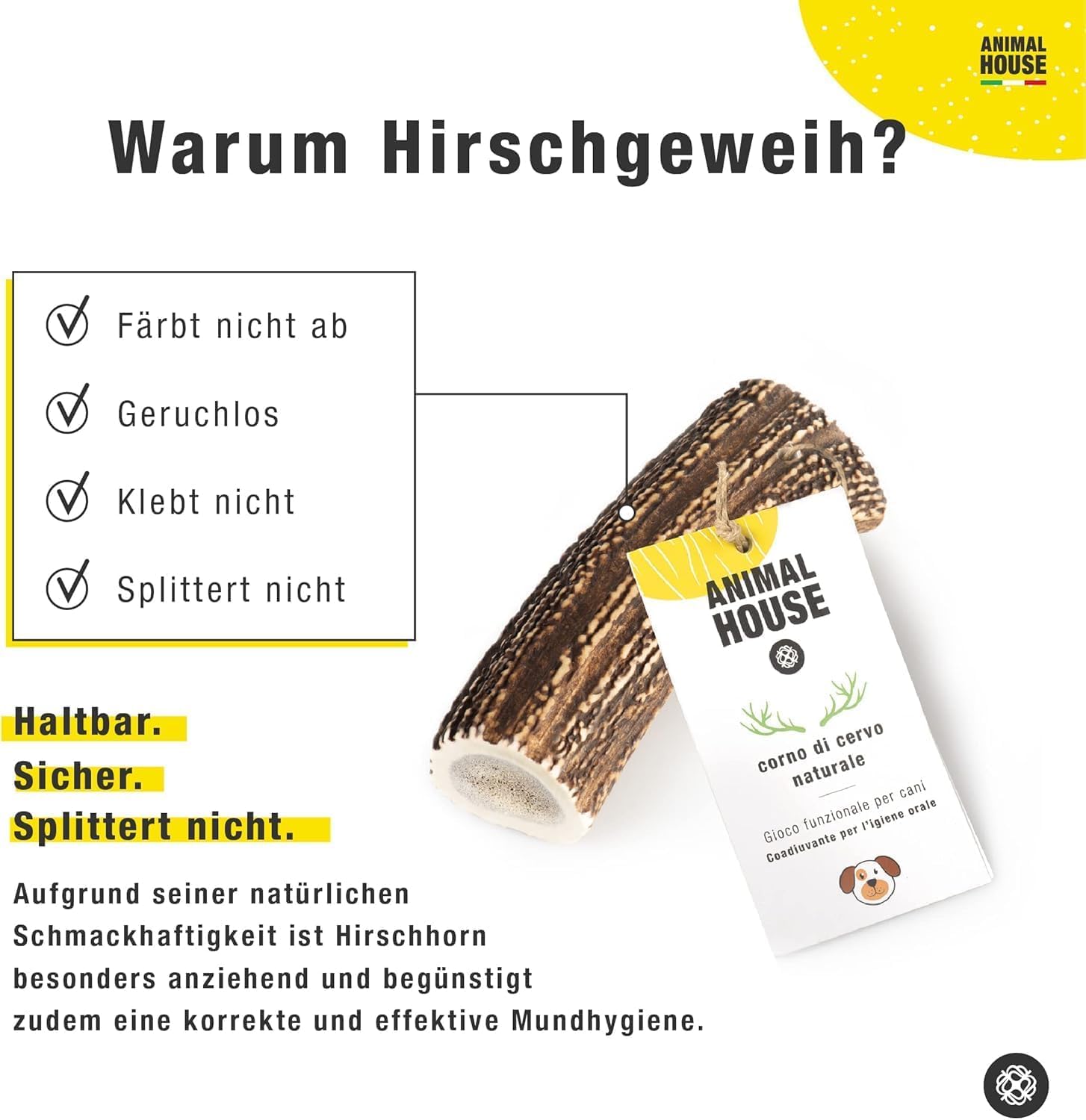 Animal House 3 Stück ganze Hirschgeweihe für Hunde, 100% natürliches Kauspielzeug, stärkt die Mundhygiene, widerstandsfähig und langlebig, in Allen Größen erhältlich (3, L)