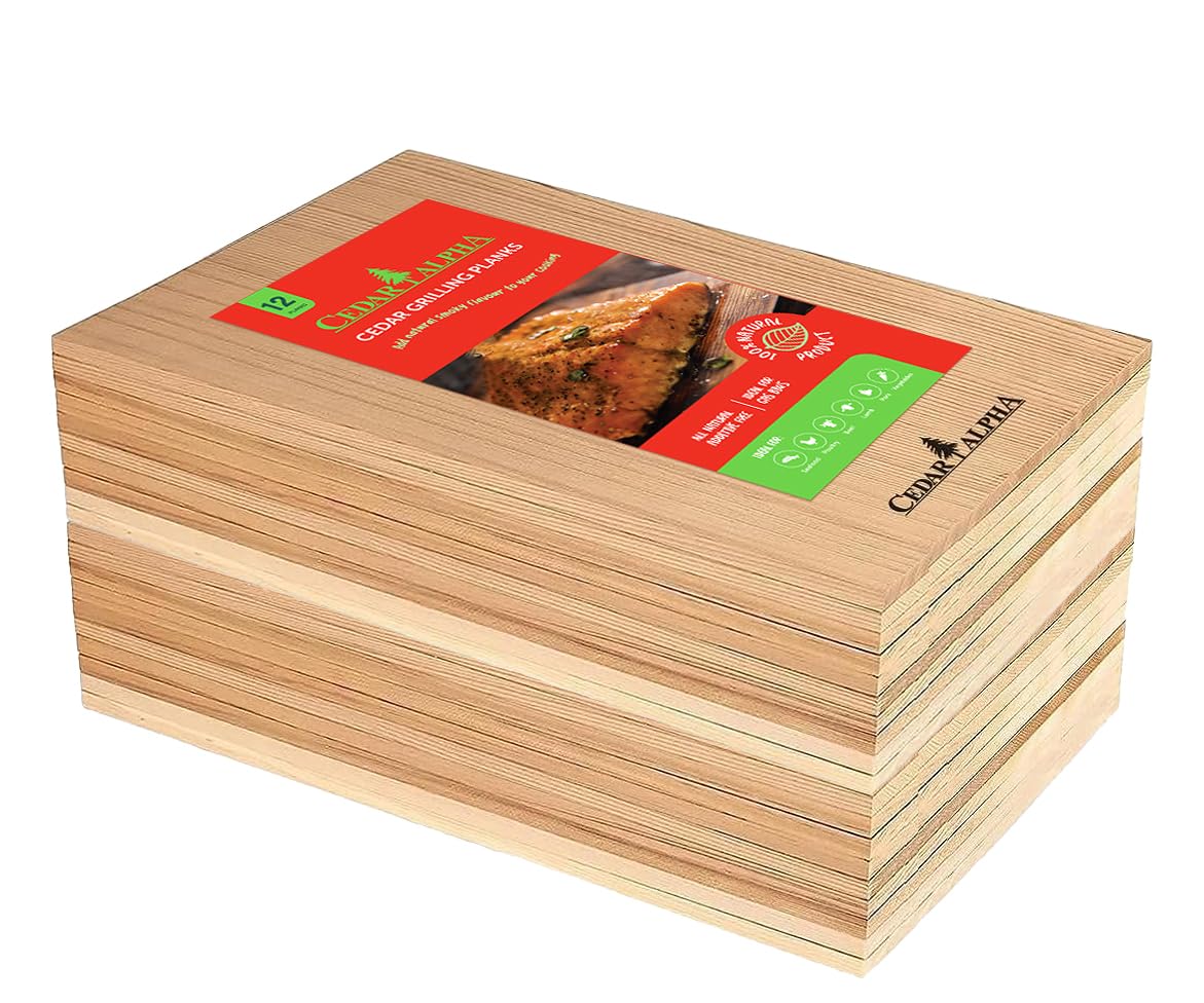 12 Pk Cedar Planks for Grilling Salmon, 9"x5.5" Old Growth Solid Pacific Cedar, Better Aroma Cedar Flavor to Salmon, Fish, Seafood, Meat,Veges. Completely Smooth Surfaces.