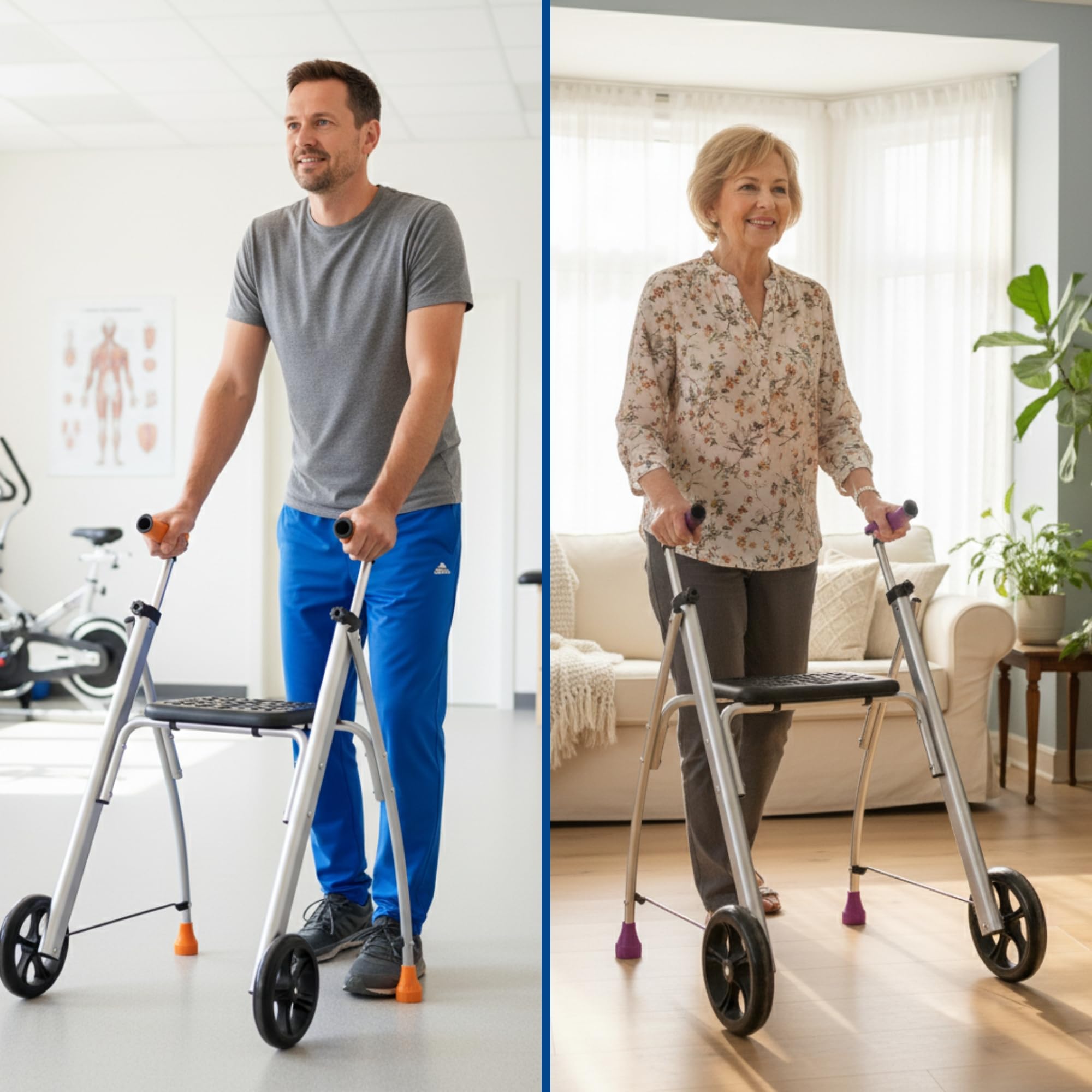 INDESmed - Andador Plegable con Asiento de Aluminio para ancianos, personas con movilidad reducida o rehabilitación. Ajuste preciso, Mango antitendinitis y antideslizante, 2 Ruedas (Morado)