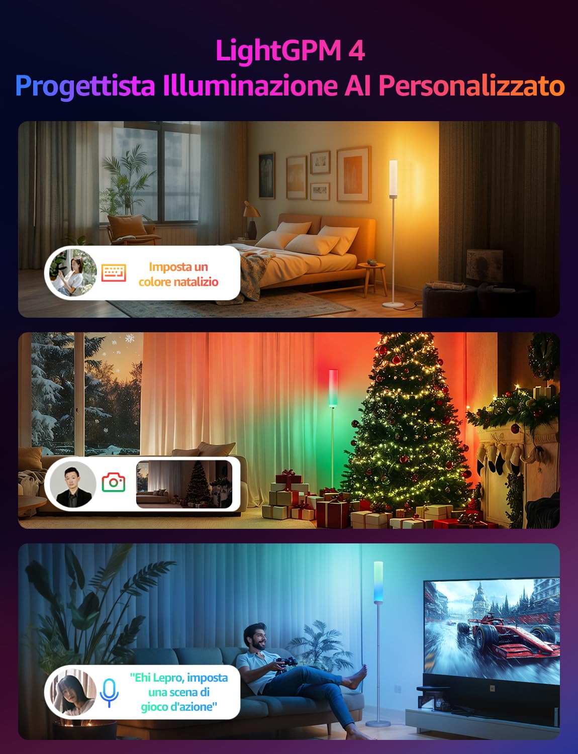 Lepro O1 AI Lampada da Terra,Piantana Moderna per Soggiorno,Musica Sincronizzazione per Festa,Gaming,TV,Compatibile Alexa/Google Home,Progettista Illuminazione AI Personalizzato,RGBIC,1800 Lumen