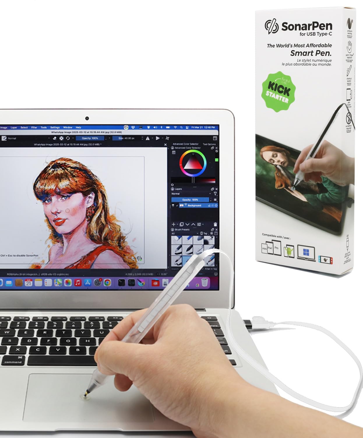 SonarPen (USB C): Battery-Less Pressure Sensitive Stylus Pen, Compatible with iPad/iPhone/Android/Mac/Windows PC and Switch. with Palm Rejection and