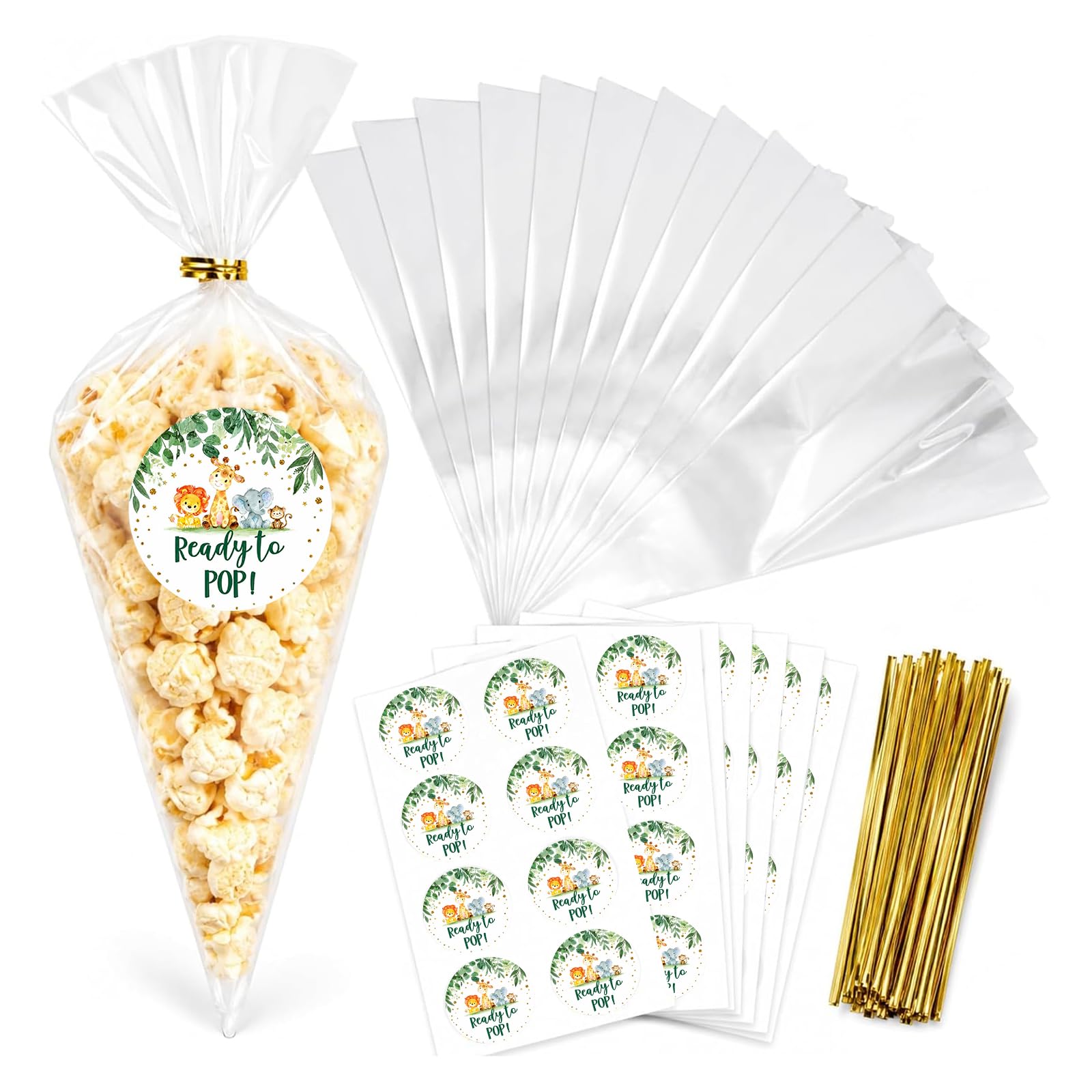 RUQVKWLA 50 Pack Ready to Pop Popcorn Bags, Jungle Safari Cellophane Cone Bags with Gold Twist Ties and Stickers, Cute Animal Baby Shower Favours for Guests, Botanical Baby Shower Decorations
