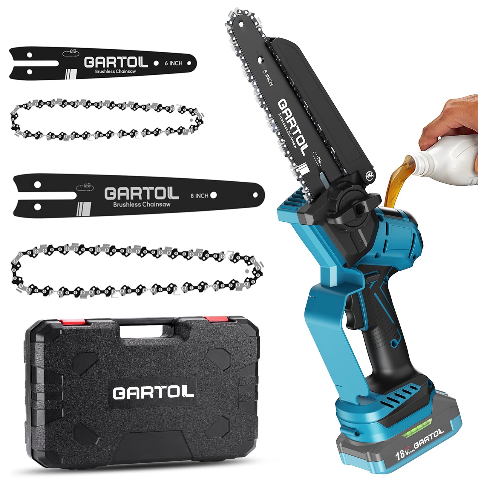 GARTOL Mini motosierra de 8 y 6 pulgadas, 1000 W, batería sin escobillas, con engrasador automático, sierra de cadena de mano para tijeras de podar, tijeras de podar, corte de madera, compatible con