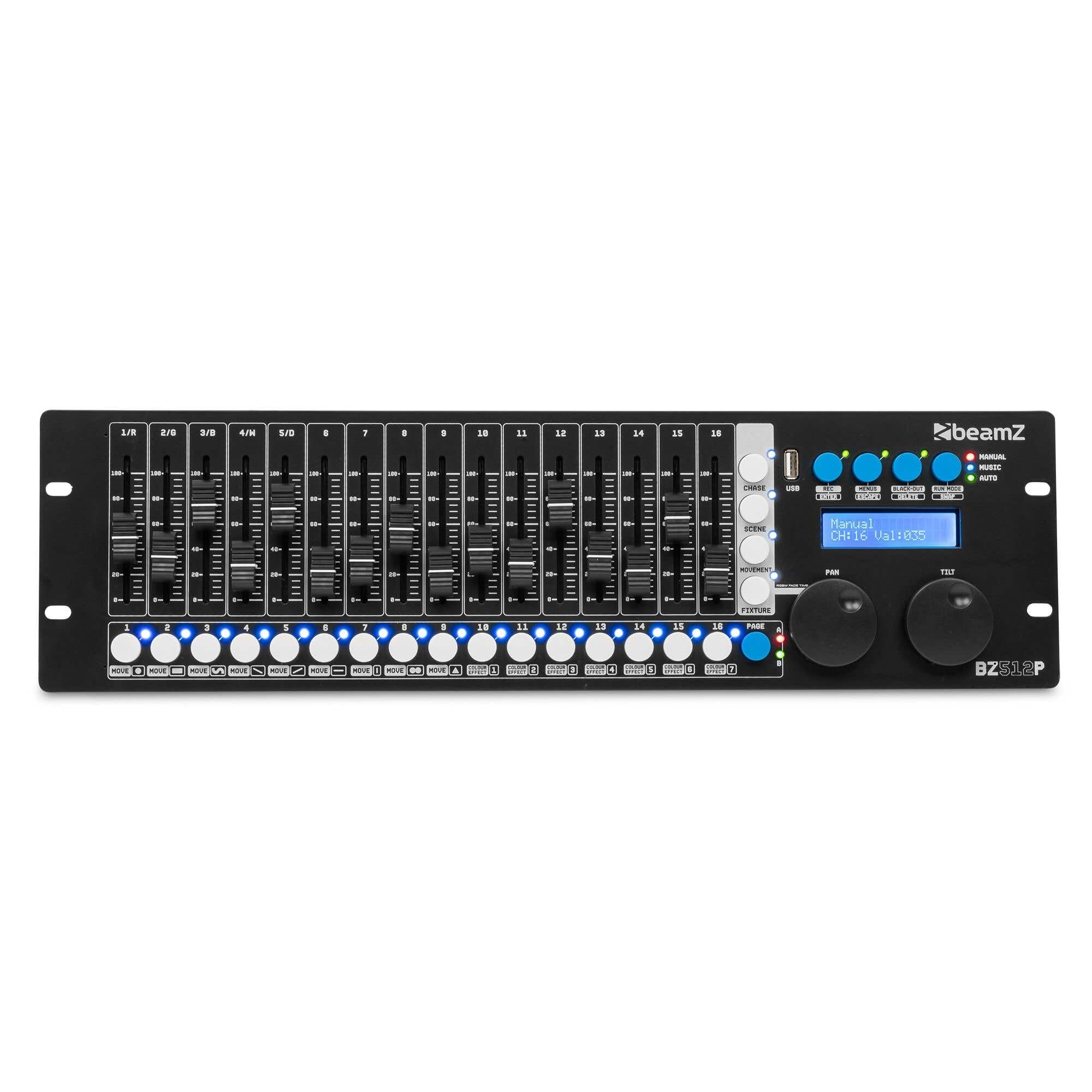 BeamZ BZ512P - Controlador DMX 512 canales para hasta 28 dispositivos, 19"