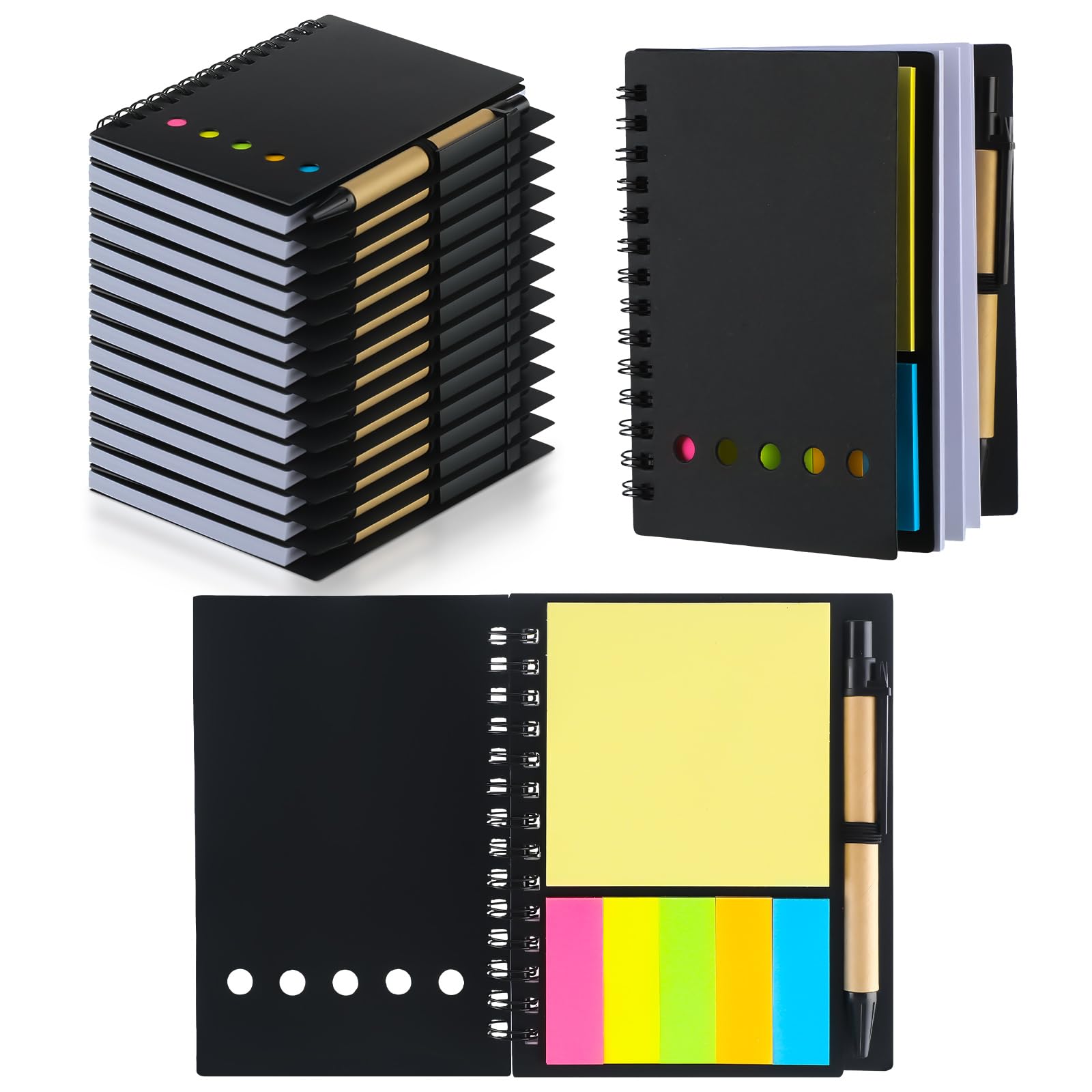 Qilery Confezione da 10 quaderni a spirale a righe, piccolo blocco note e penna, blocco note a righe, nero, tascabile, per ufficio, ufficio, scuola