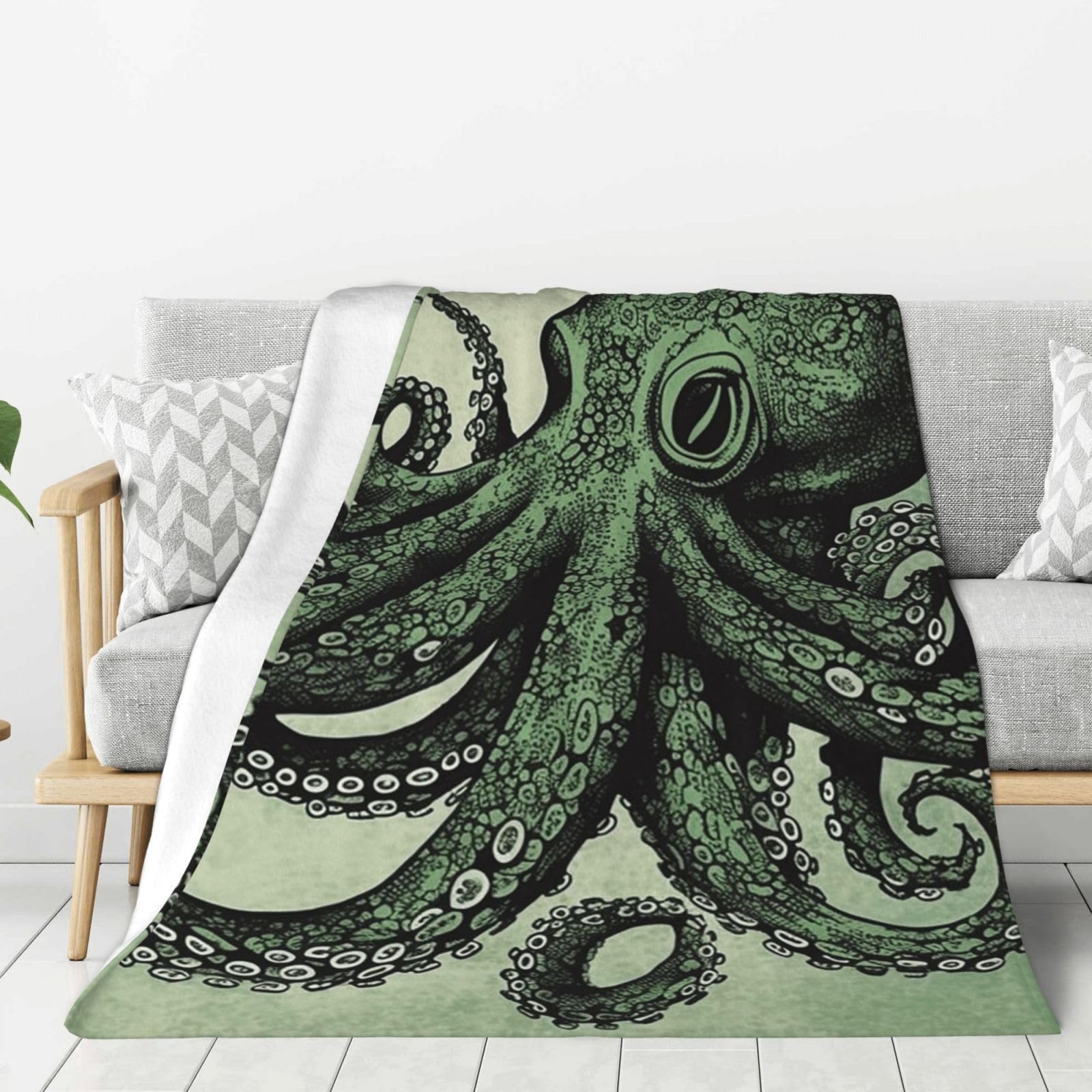 Green Octopus Throw Blanket Plush Flannel Fleece Blanket, Soft Lightweight Cozy Blankets 60"X50" for Bed Couch Sofa Travel
