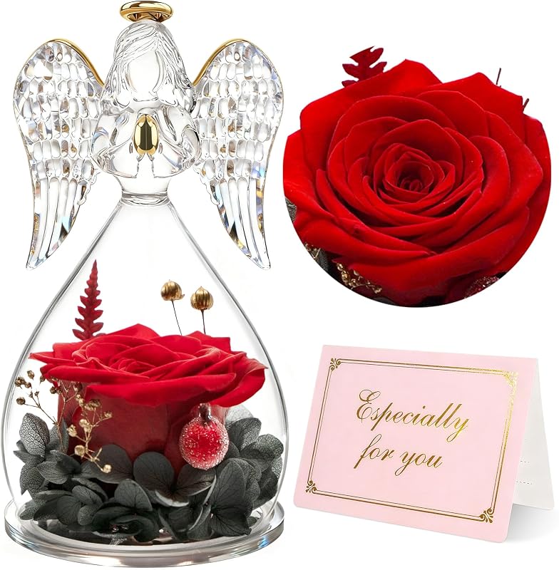 Yamonic Rosa Eterna Regalo Dia de la Madre, Regalo Originale para Mujer,Rosa Preservada con Figura Ángel Regalos para Mamá,Regalos Cumpleaños Mujer Abuela, Flore Eterna Dia de la Madre