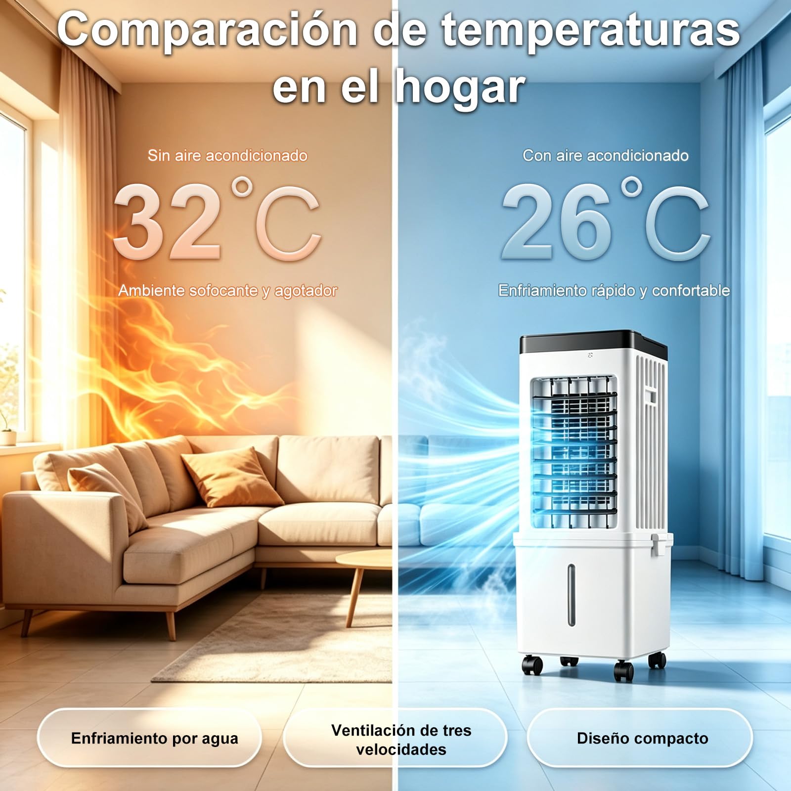 Aire Acondicionado Móvil Mecánico, 75W Bajo Consumo, 3 Velocidades | Climatizador Evaporativo Portátil de 10L con Cristales de Hielo,Oscilación de Gran Ángulo, Ruedas para Hogar Oficina