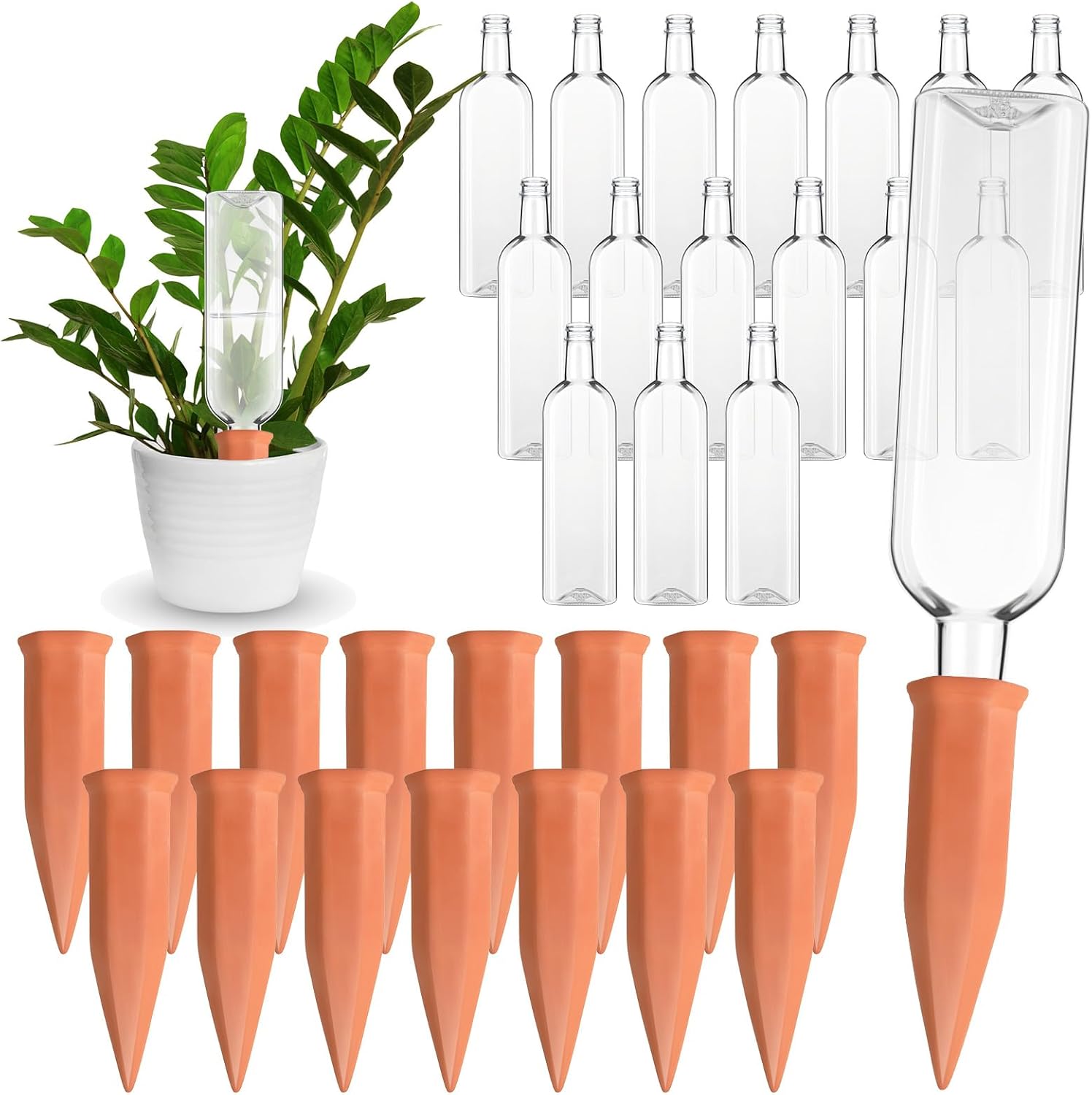 Dandat 32 Pcs 34oz Plant Watering Devices Include Terracotta Self Watering Spikes with 1000ml Plastic Bottles Slow Release Vacation Insert Automatic Plant Waterer Self Water Planter for Garden