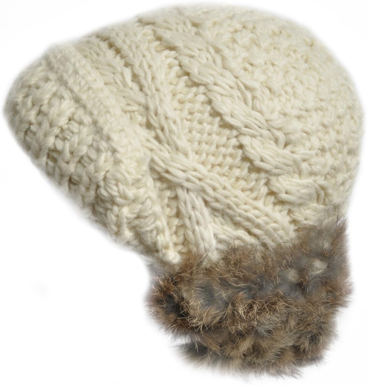 GP Accessories Girl's Rabbit Fur Ear Muffs Hand Knit Beanie Hat Small White