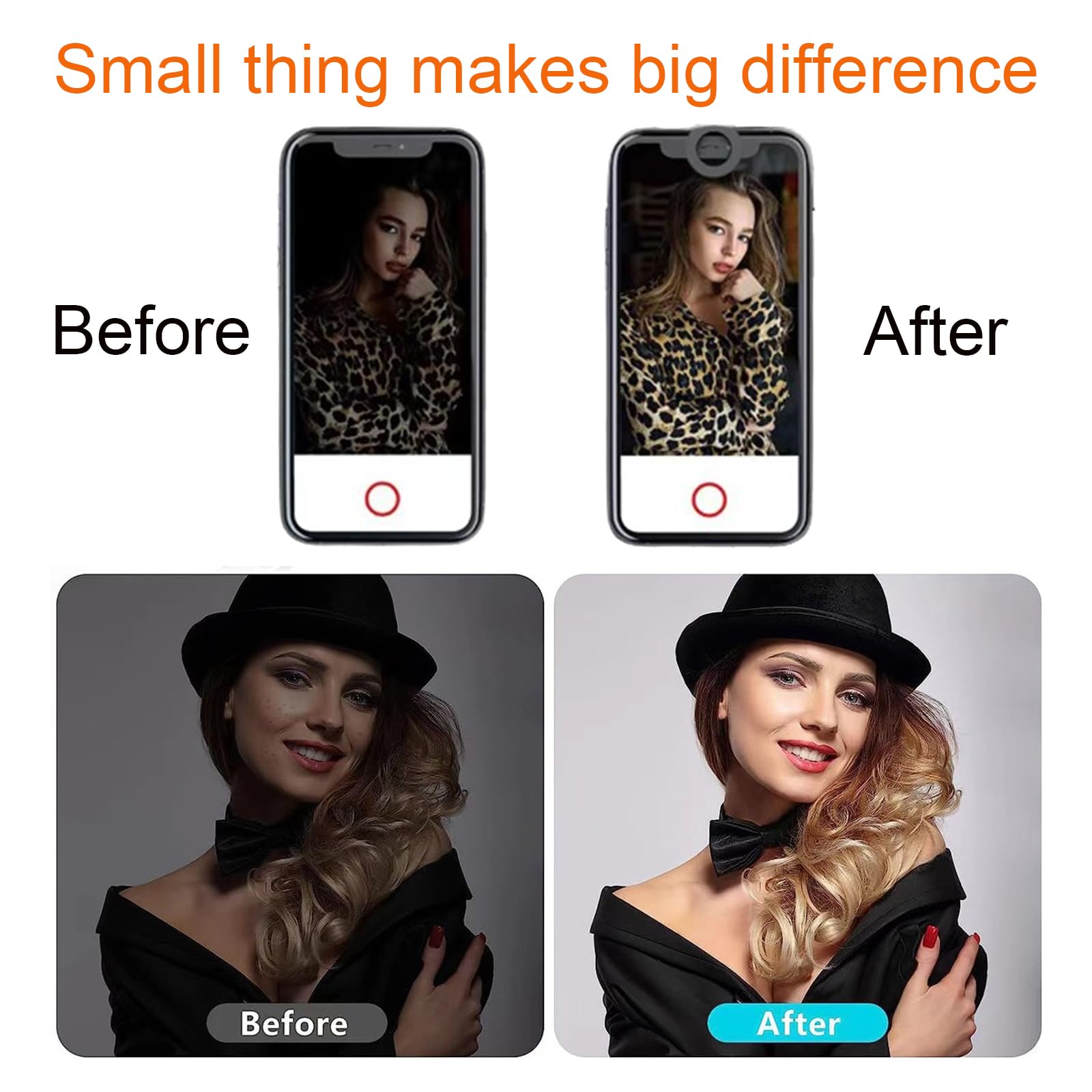 FOTN Selfie Light, Rechargeable Phone Light Clip, Selfie Light for iPhone, 3 Light Modes 10-Level Brightness, Portable Light for iPhone, iPad, Laptop, TikTok, Live Stream, Vlog (black-80)