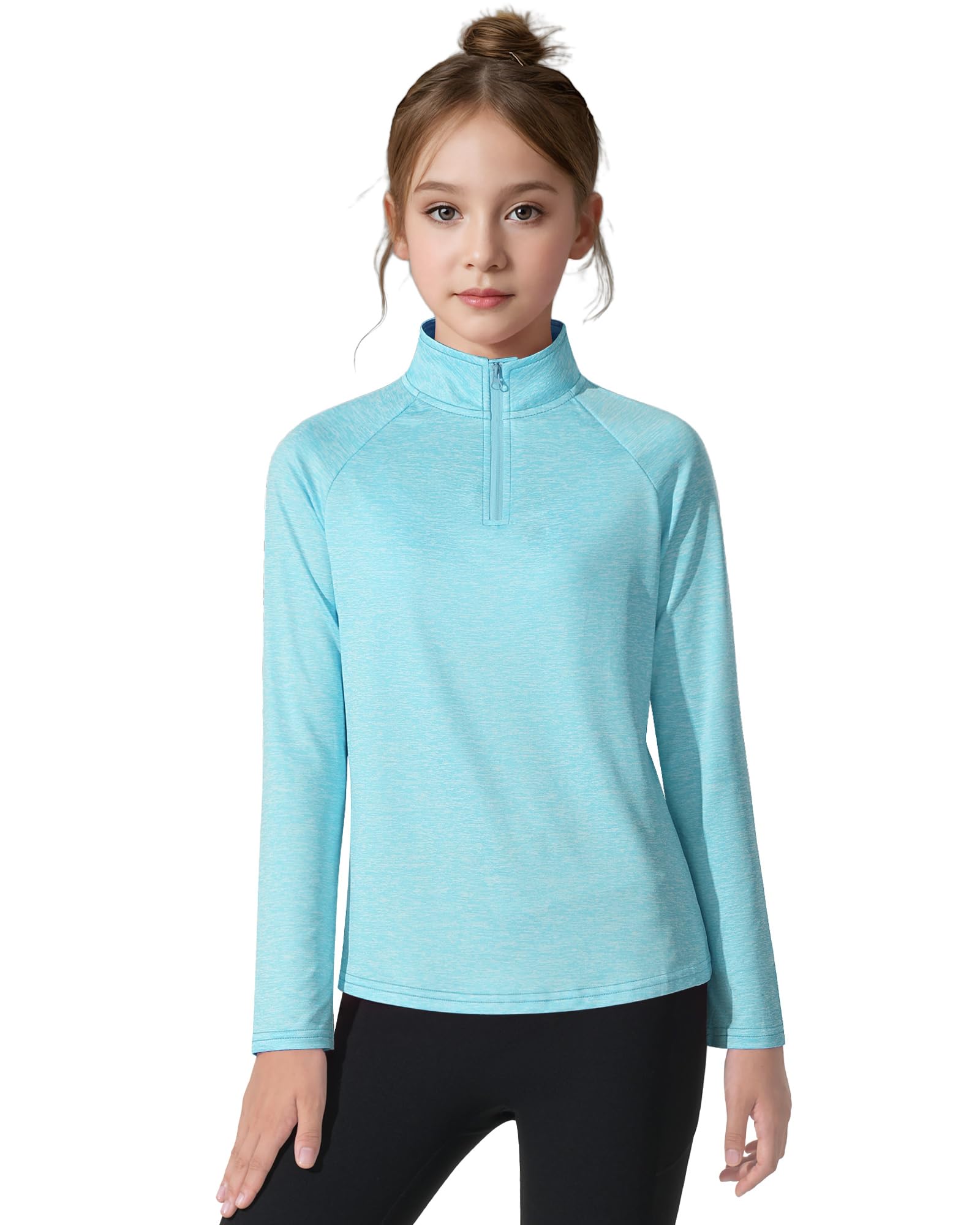 Girls Long Sleeve Shirts Quick Dry Athletic Tops Quarter Zip Pullover Kids Teens Sportswear for Golf Yoga Tennis 5-14 Years