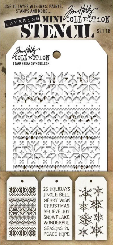 Tim Holtz - Mini Layering Stencils - Sets #16, #17, & #18 - 9 Mini Stencils - Crocodile, Measured, Eye Chart, Shatter, Halloween, Batground, Holiday Knit, Christmas & Snowflakes by Tim Holtz