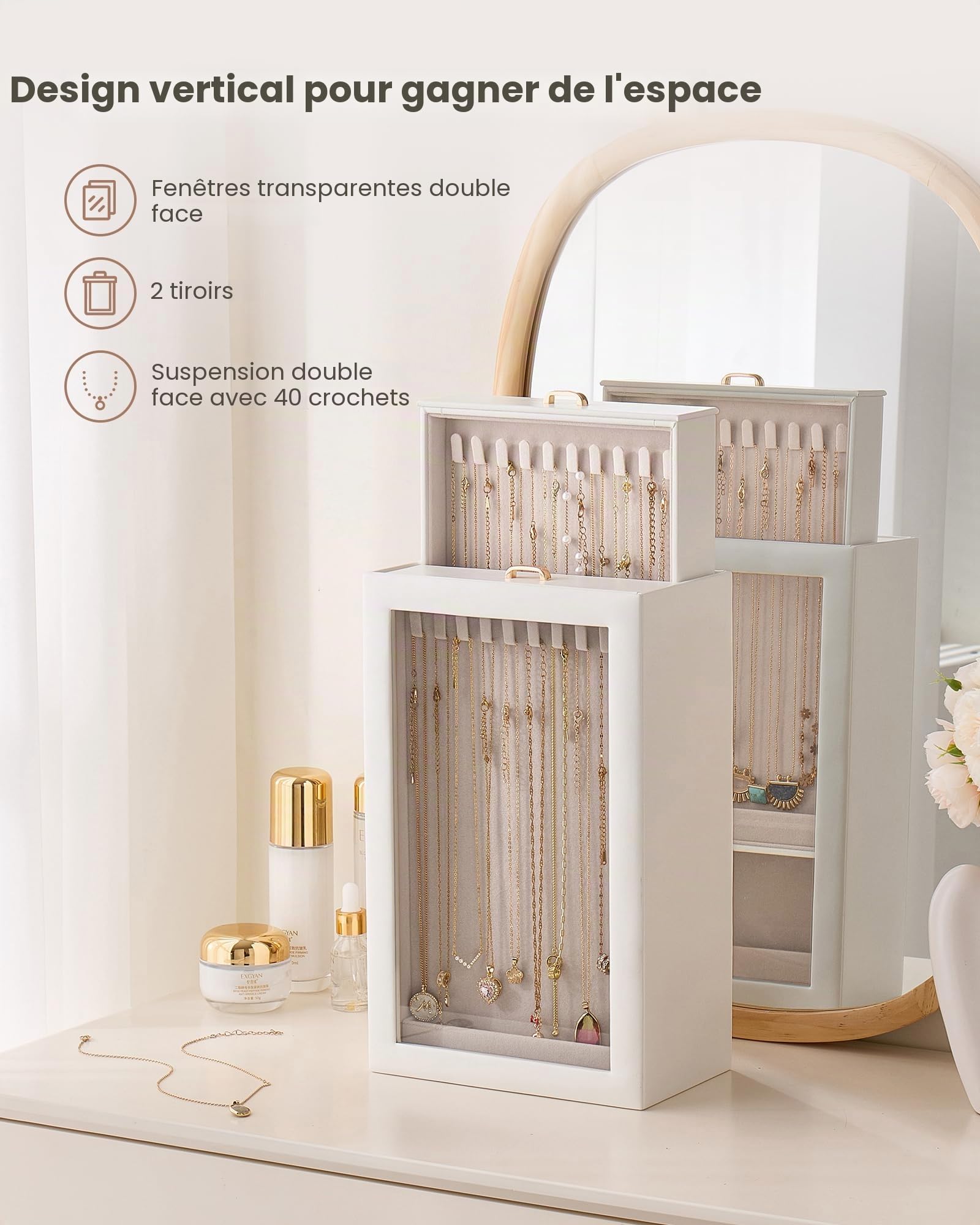 Lolalet Rangement Colliers Vertical Double Face, Boîte à Colliers avec Fenêtre Transparente, Présentoir à Bijoux Grande Capacité -2 Niveaux, Blanc