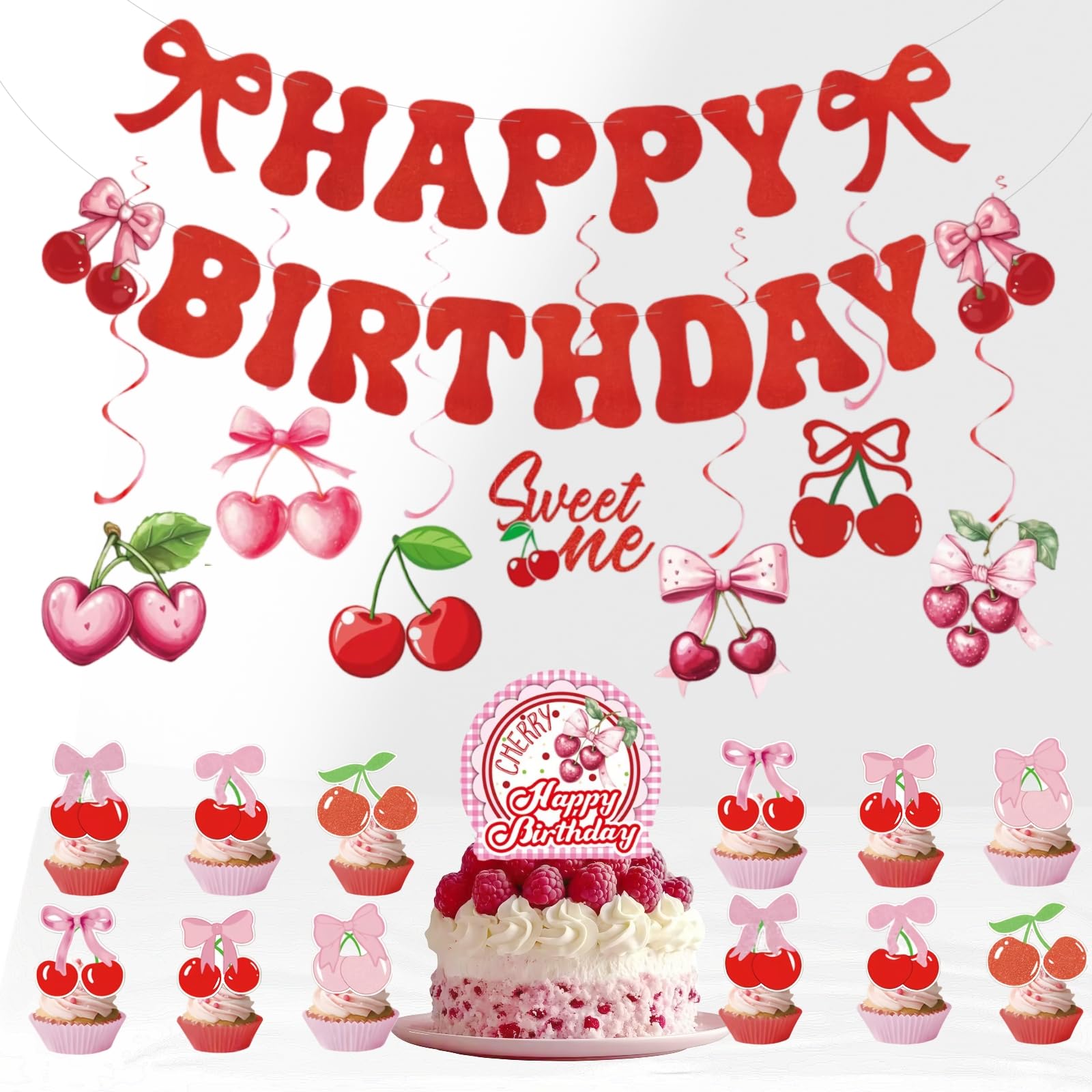 JiaaOne Cherry Birthday Decorations Set - 2pcs Happy Birthday Banner, 7pcs Ceiling Swirls, 13pcs Cake Toppers, Sweet Pink Cherry Drops Themed Party for Girls,