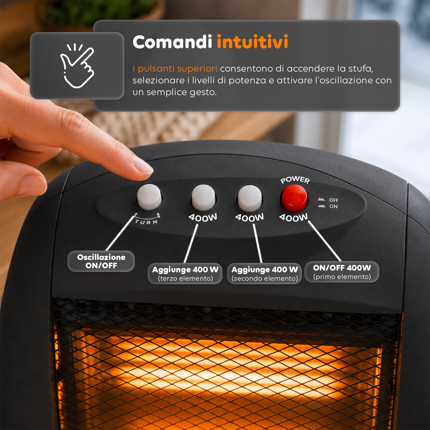 Wintem Stufa Alogena Elettrica 3 Elementi Indipendenti 1200W - Ideale per Riscaldare Piccole Stanze in Casa o Ufficio con Protezione al Ribaltamento e Antisurriscaldamento per una Sicurezza Ottimale