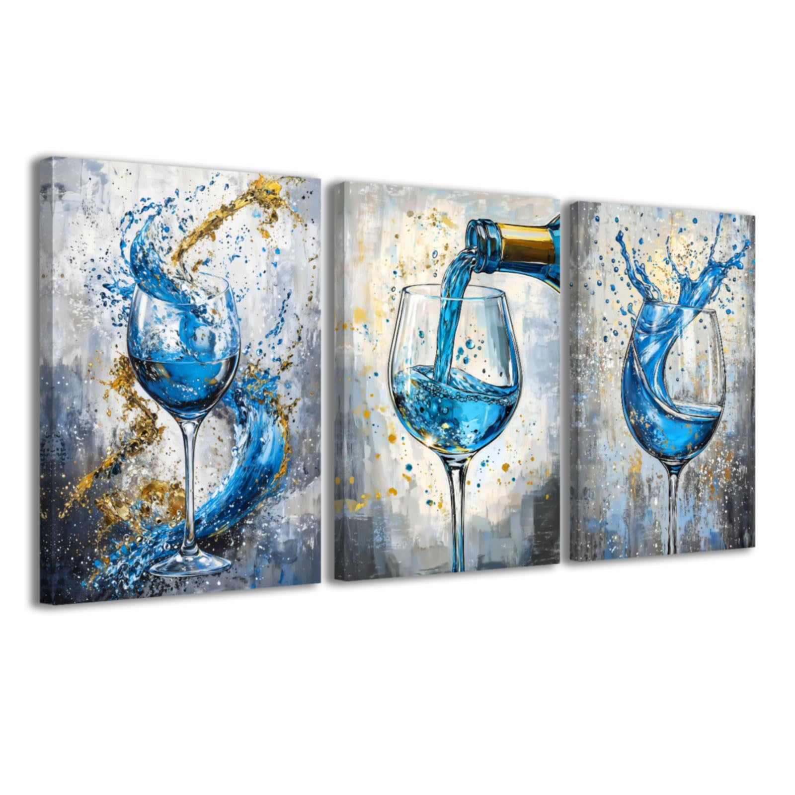 CCWACPP Blue Kitchen Pictures 3 Piece Kitchen Wall Art Wine Canvas Prints Dining Room Pub Bar Home Restaurant Decor Framed (40x60cmx3)