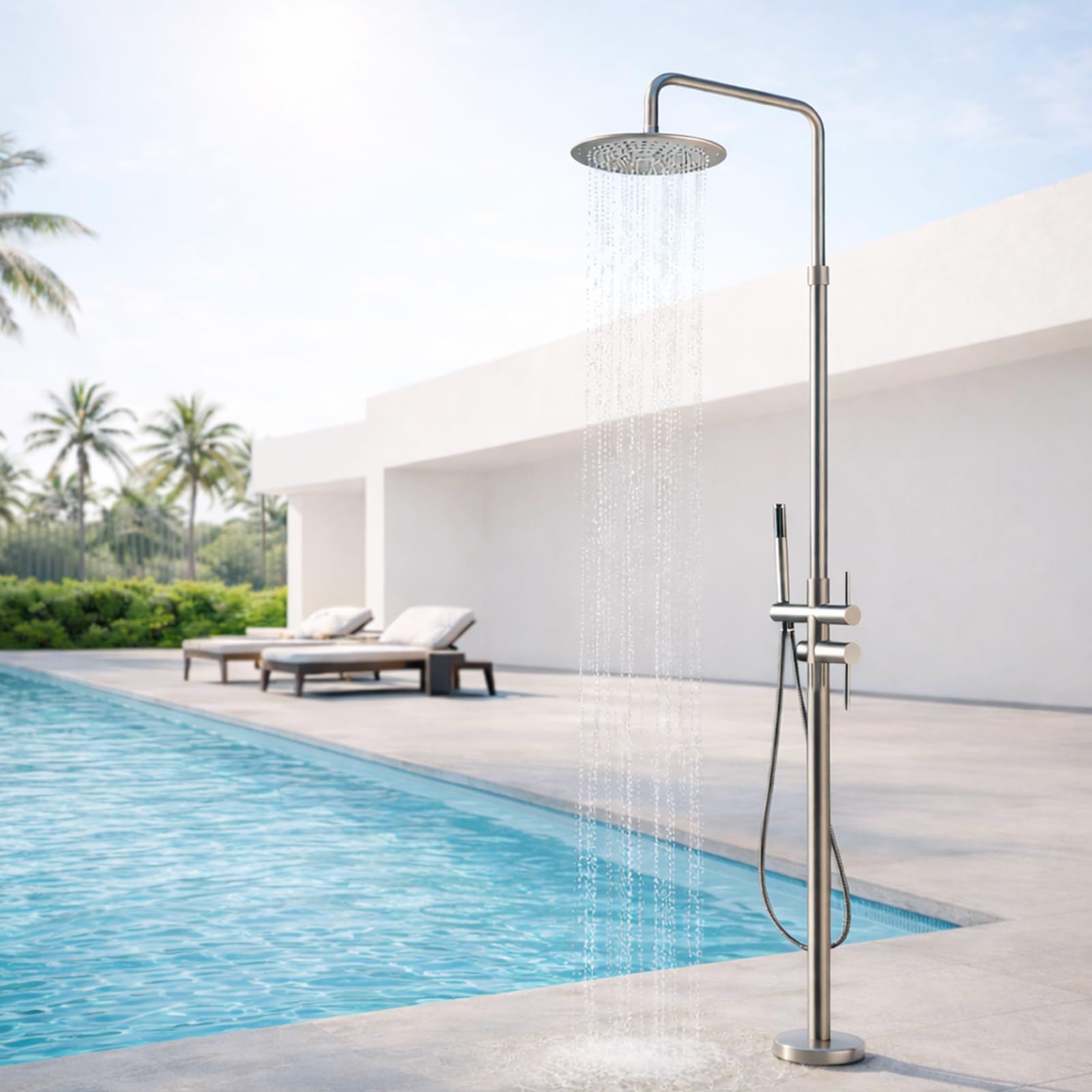 Photo 1 of HTHFCVR Freestanding Outdoor Shower with 10” Rain Shower Head and Handheld, Height Adjustable Outdoor Shower Stand for Backyard, Patio & Poolside, Hot and Cold Water (Black)