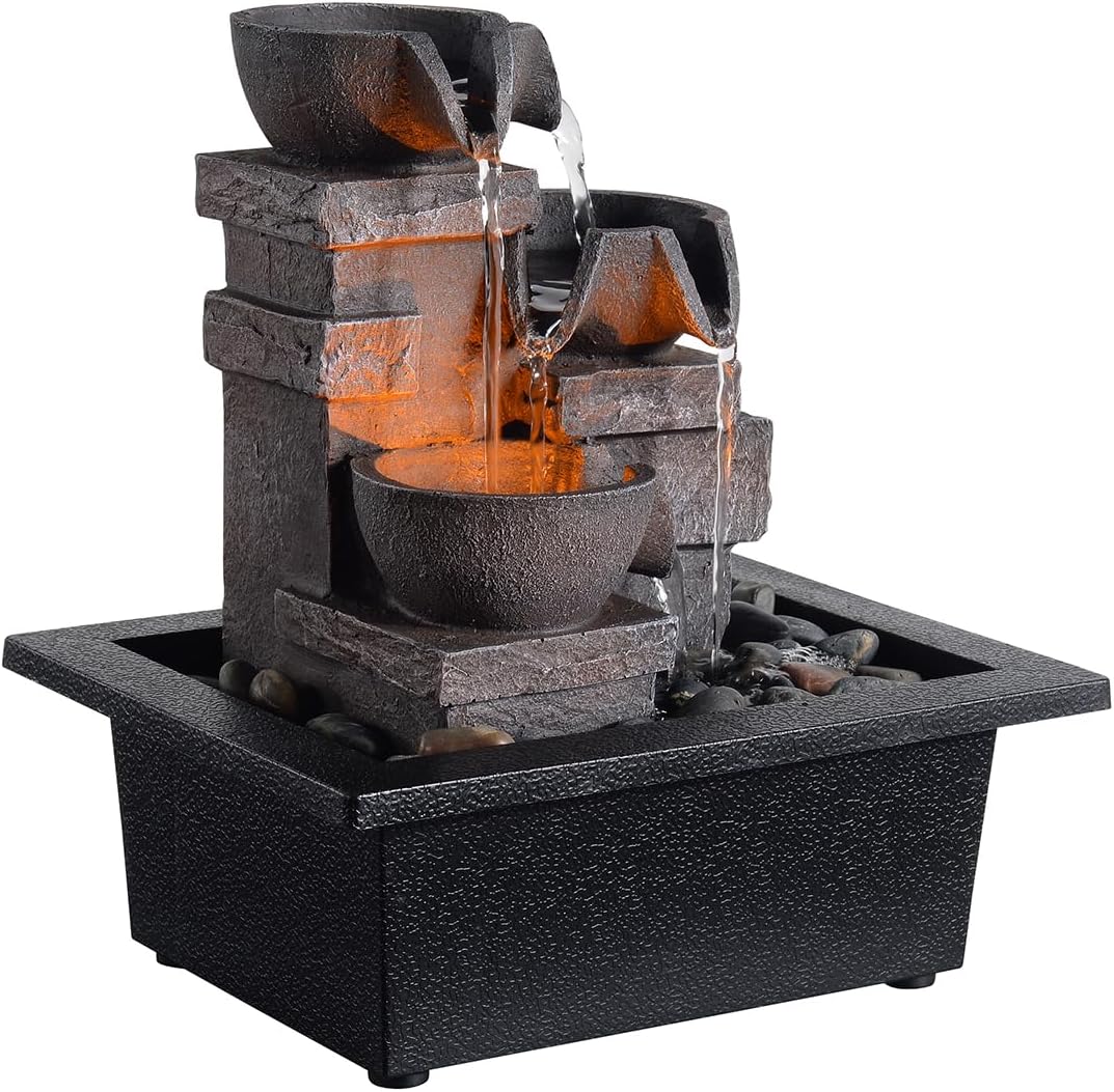 Indoor Fountain 3-Bowl Rockery Soothing Sound Tabletop Fountains Home/Office Decor with Natural River Rocks LED Lights Automatic Watering Pump(22044A)