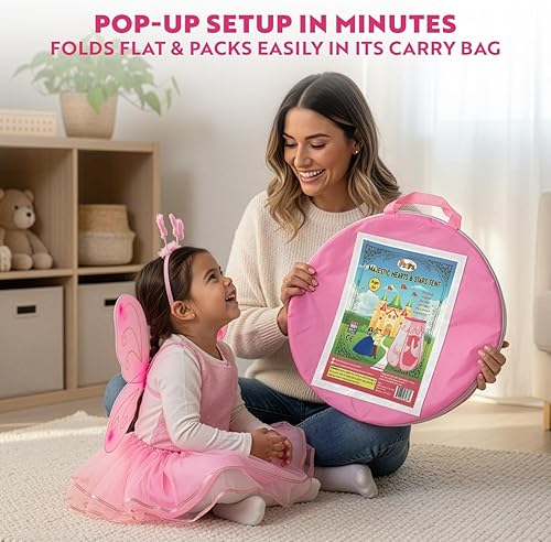 Miniatura 5 de Playz Princess Castle - Tienda de campaña desplegable y juego de disfraces - Tienda de campaña rosa para niñas con estrellas que brillan en la