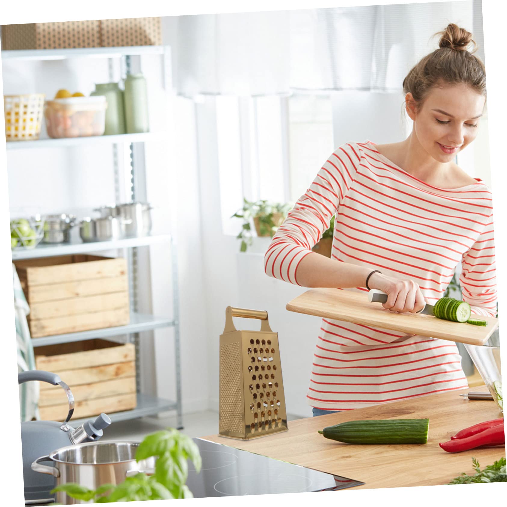 Rallador De Caja De 4 Lados Acero Inoxidable Dorado, Cortador y Rebanador De Verduras y Patatas, Material Seguro Para Uso Doméstico, Práctico Para Cocina y Procesamiento De Frutas