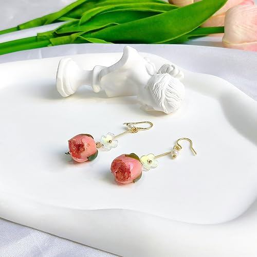 Miniatura 5 de Mothers Day Gifts for Mom, Handmade Red Rose Earrings Real Pink Flower Jewelry Unique Nature Plant Floral Pressed Dried Flower Earrings, Valentine's