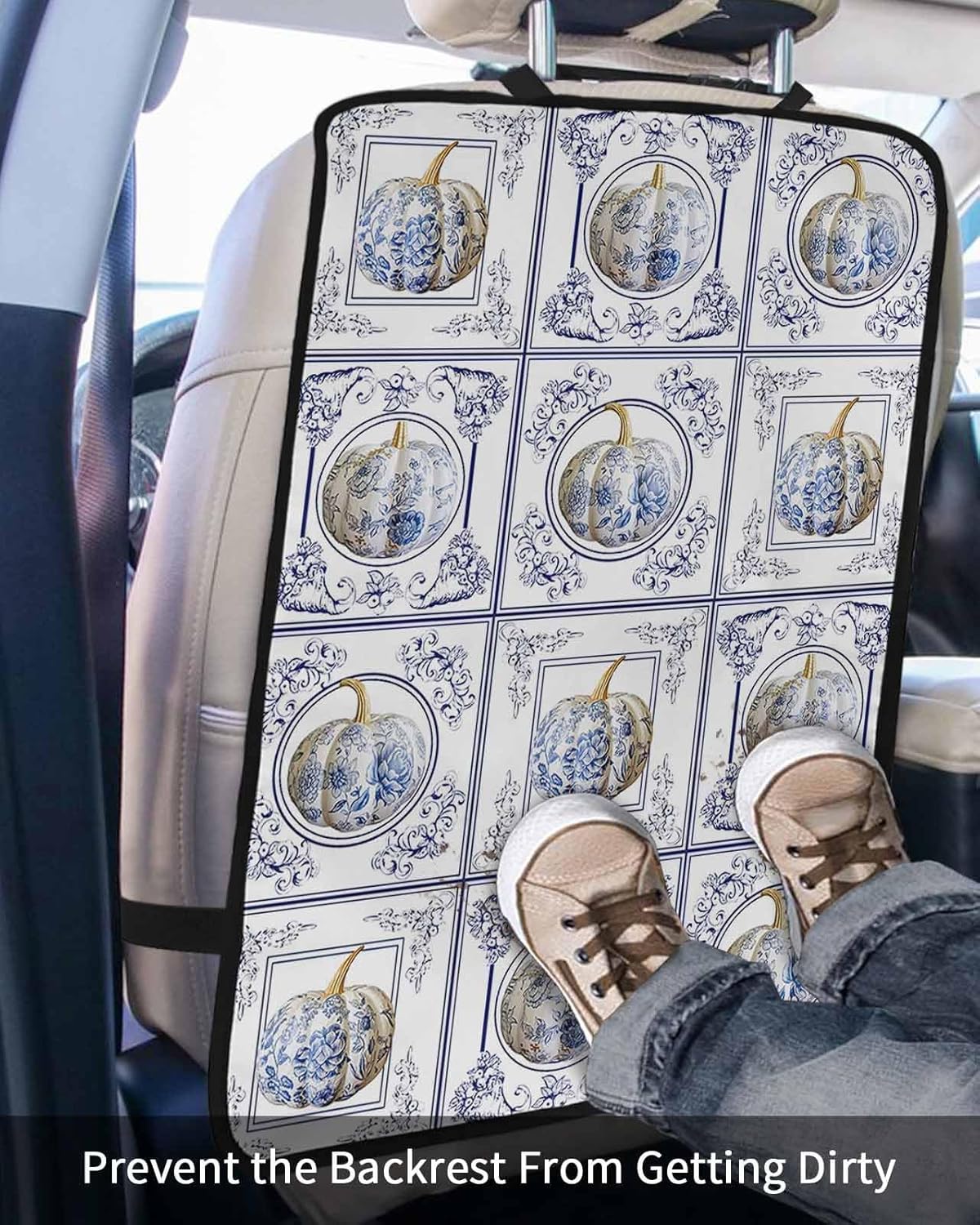 Car Seat Protector, 2 Pack Kick Mats Back Seat Protector Fall Thanksgiving Pumpkin Blue and White Porcelain Floral Plaid Waterproof Backseat Cover for Universal Fit Automotive Interior Protectors