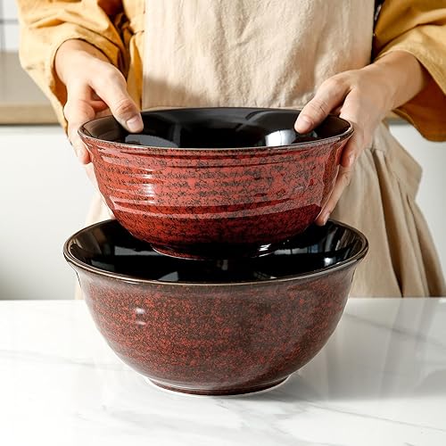 Miniatura 7 de Hasense Juego de cuencos de porcelana para sopa de mármol rojo, cuencos grandes para ensalada, pasta, fruta, Pho, ramen, 2.11.5 cuartos de galón,