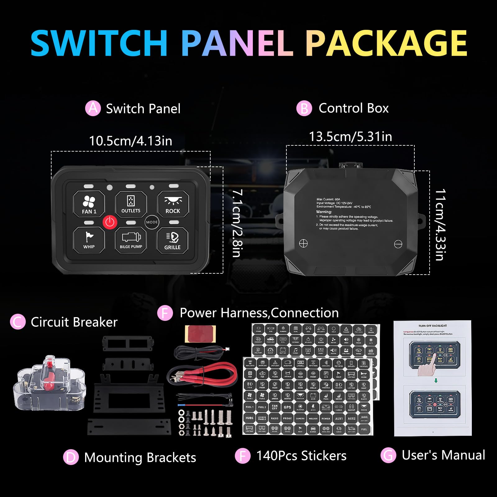 Chelhead Panel przełącznika RGB 6 Gang Auto Dimming 12V/24V IP65 | Panel sterowania Automatyczne ściemnianie podświetlenia, 4 tryby przełączania (przełącznik, puls, lampa błyskowa, stroboskop)