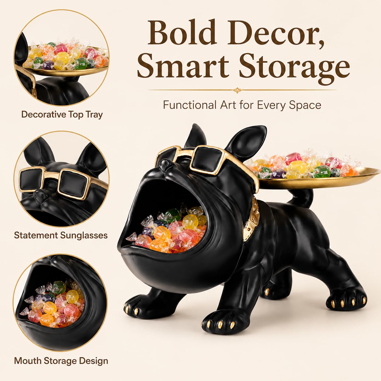 Bouledogue Français Statue Decoration Interieur,Vide Poche Entree,Vide Poche Plateau Decoratif,Rangement Clef,Statue en Résine,Statue Animaux Decoration Maison