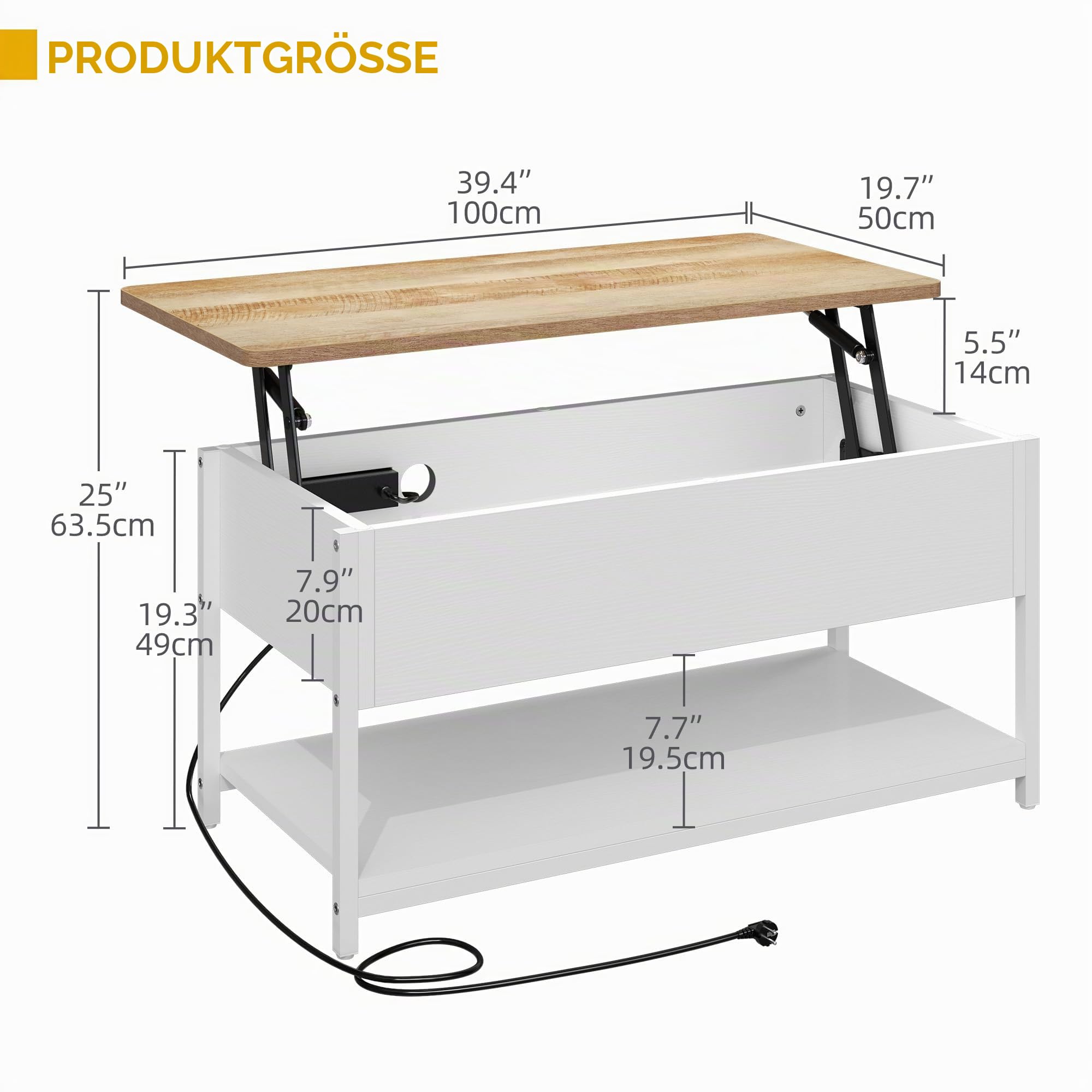 DWVO Wohnzimmertisch Höhenverstellbar mit Steckdose und 16-farbigem LED-Lichtstreifen, Couchtisch mit Verstecktem Stauraum für Wohnzimmer, Schlafzimmer und Büro, 100x50x(49-63.5) cm