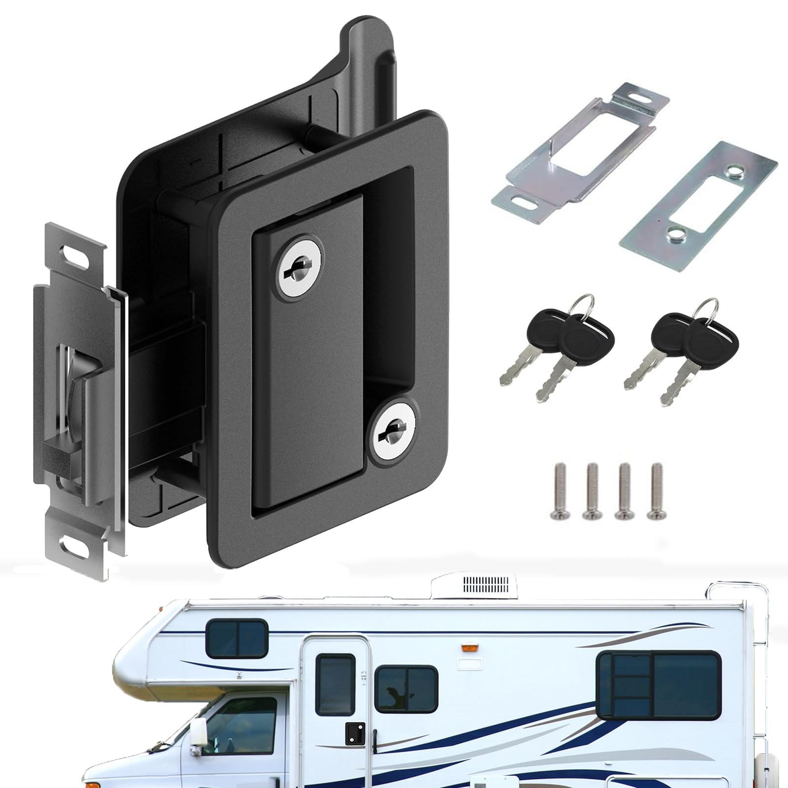 Serrure Caravane, Serrure Camping Car et Remorque Clé, Anti-Effraction, Poignée Intérieure/Extérieure avec 4 Clés, pour Camping Cars, RVs, Remorques de Frêt, Adaptée aux Portes de 32-38 mm Épaisseur