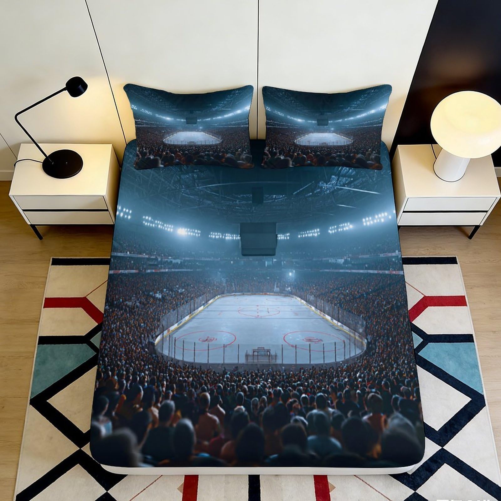 3D Printed Hockey Stadium Fitted Sheet Microfiber Breathable Ice Rink Bed Cover for Bedroom Dorm Mattress Protection Decor 90x200x25cm