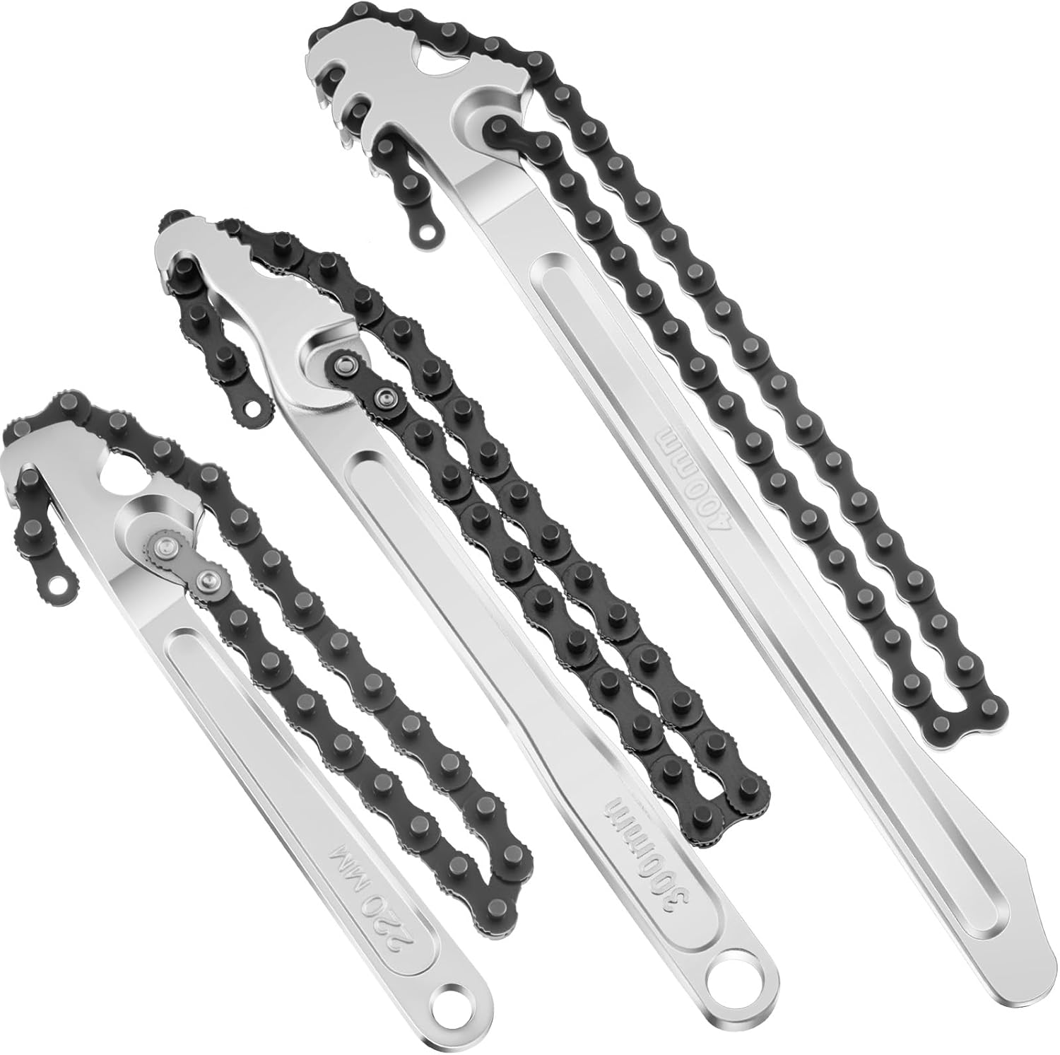 Lasnten 3 Pcs Large Reversible Chain Oil Filter Wrench with 12 16 9 Inch Chain Wrench Adjustable Heavy Duty Carbon Steel Sturdy Pipe Fitting Tool Spanner for Ratcheting Universal(Silver)