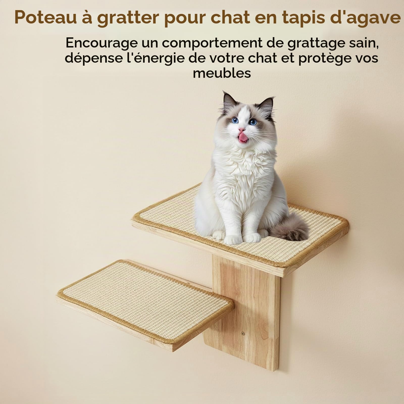 Arbre à Chat Mural en Bois Massif avec griffoir en sisal et 2 Plateformes