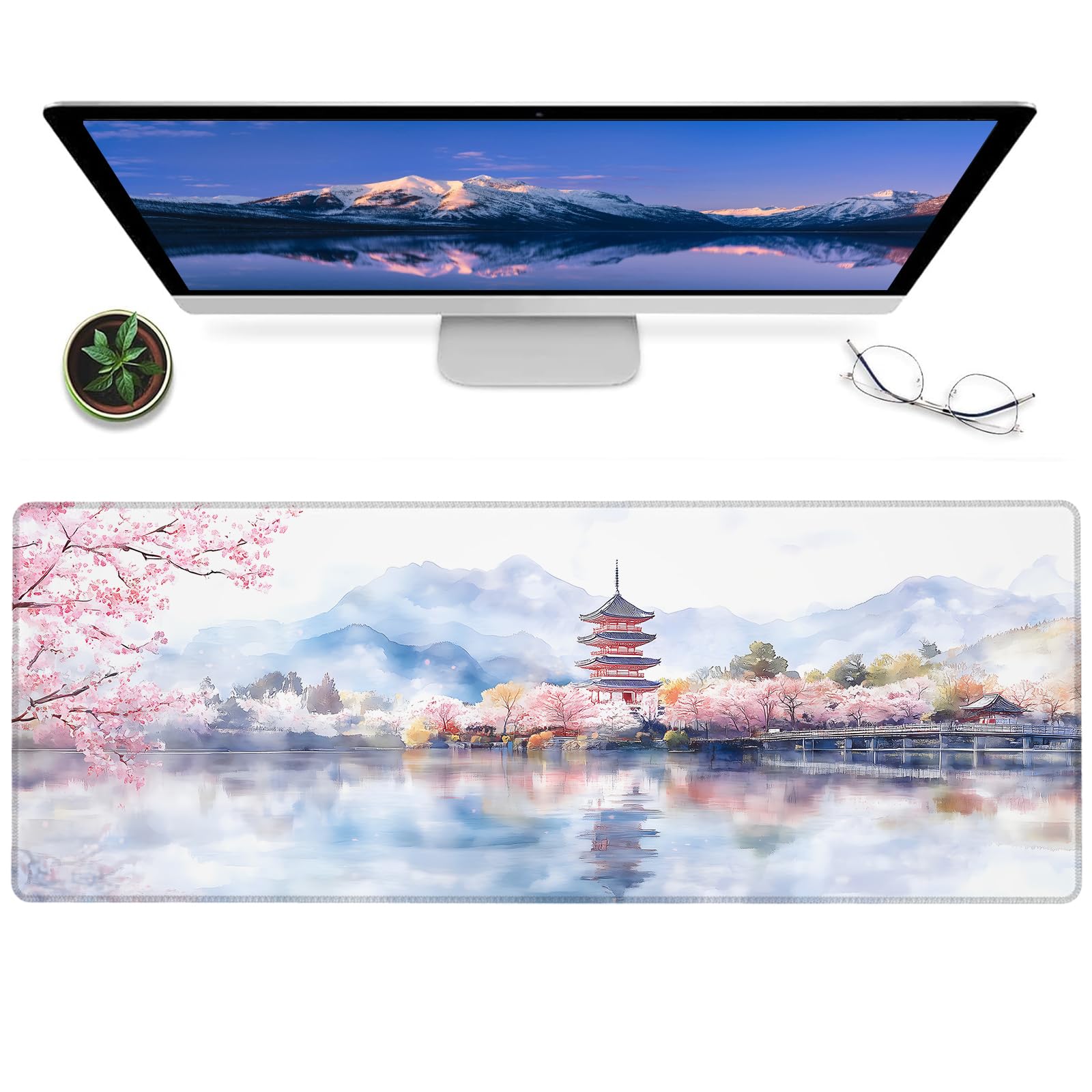ainori Cherry Blossom Temple Gaming Mouse Pad – 12x31.5in Non-Slip Rubber Desk Mat with Watercolor Design – Large Extended Mousepad for Office Home –