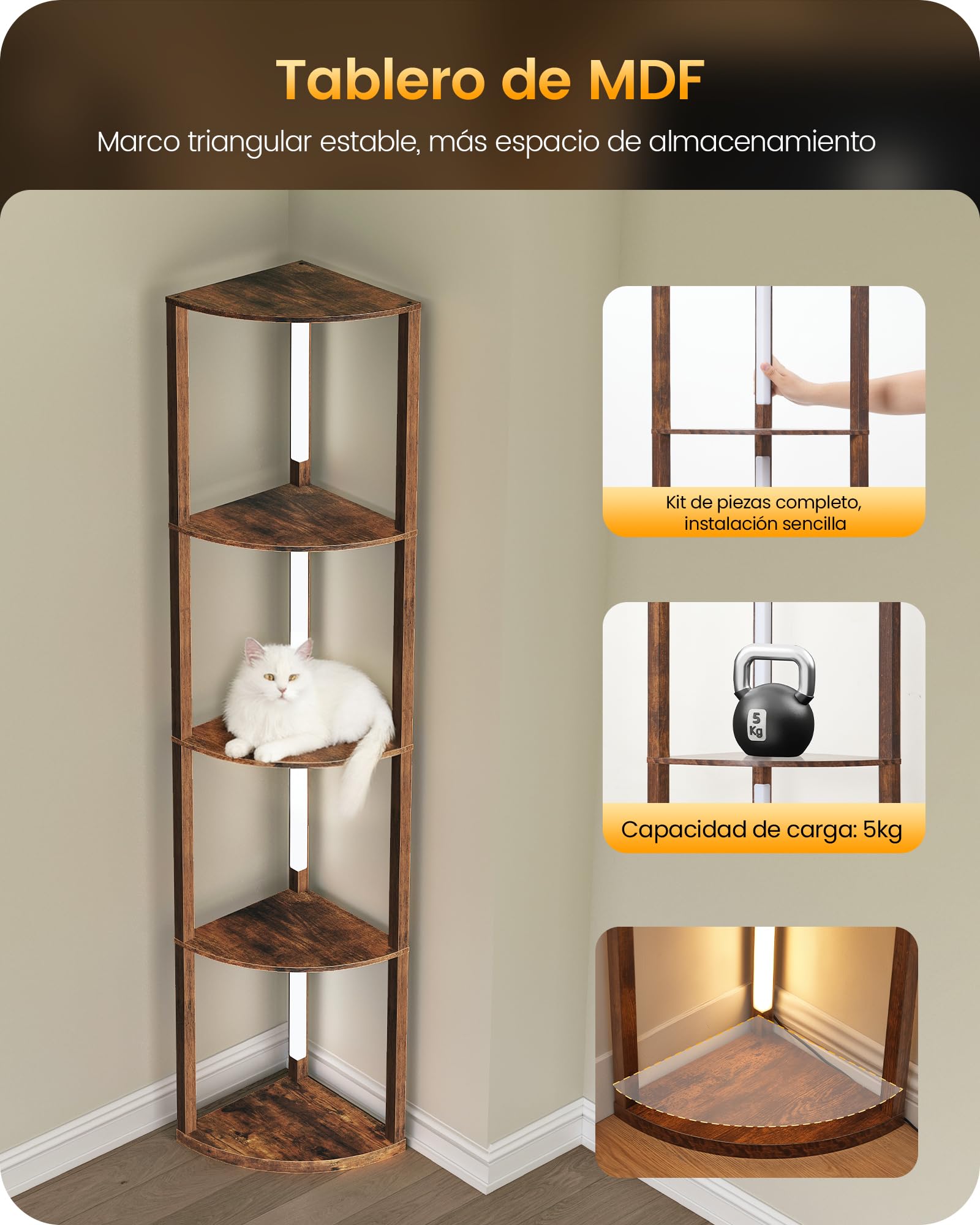 Lámpara de Pie con Estantes, Lámpara de Salón Regulable de Madera, Estantería de Esquina con LED, 3 Temperaturas de Color, Barra Giratoria 360°, Dormitorio, Salón, Oficina, Marrón Rústico