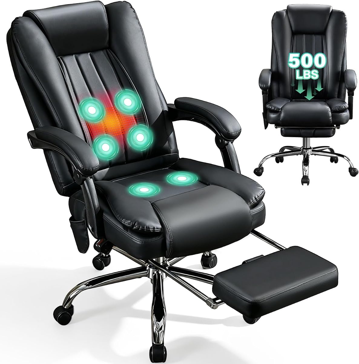 500LBS Massge Office Chair with Foot Rest, 6 Points Vibration & Heat Big and Tall Office Chair with Back Support, Ergonomic Comfort 135° Reclining Desk Chairs Managerial Chairs for Heavy People
